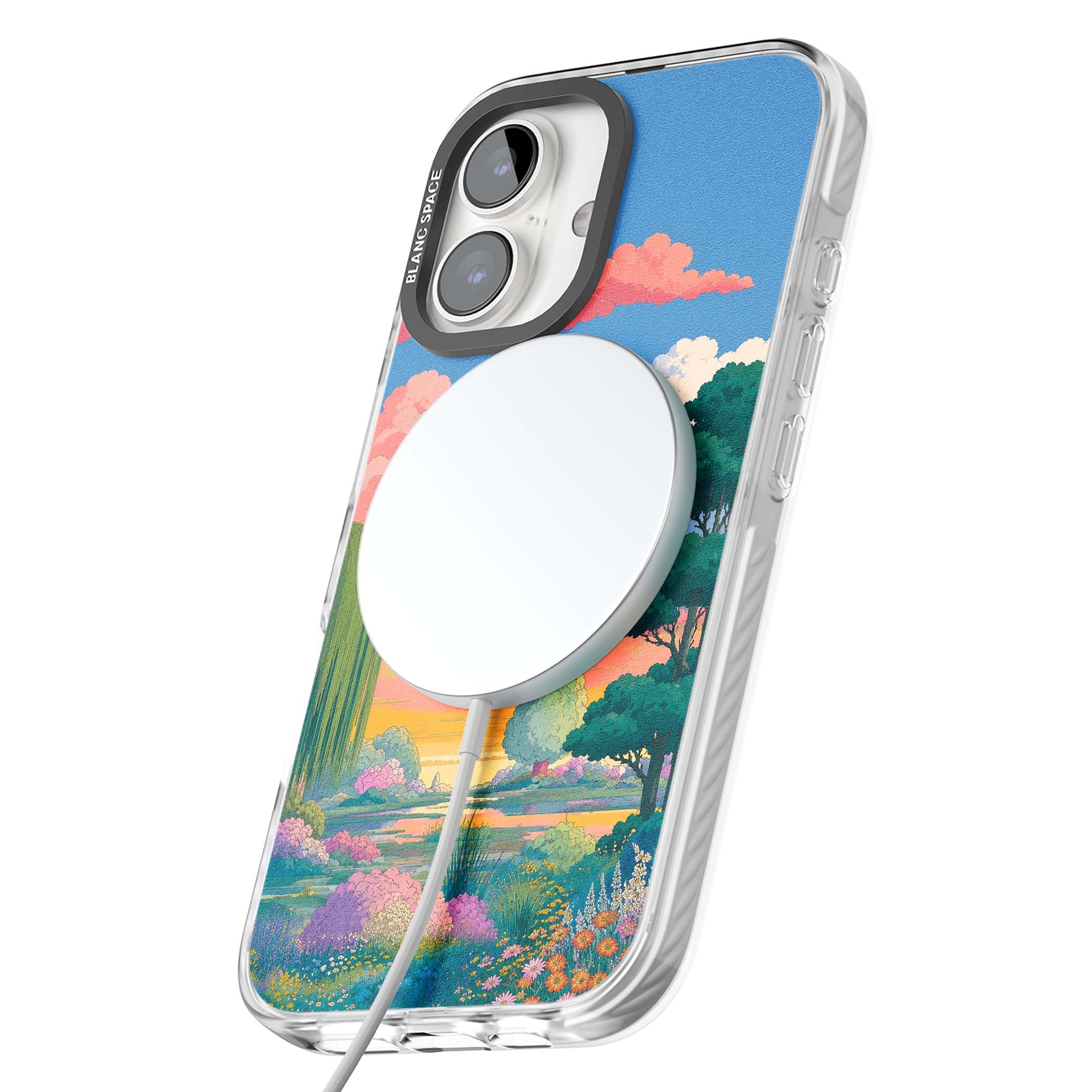 Dream Valley anime landscape iPhone case featuring pink sunset clouds, willow trees and wildflowers | Impact Magsafe case for iPhone 16, iPhone 16 Plus