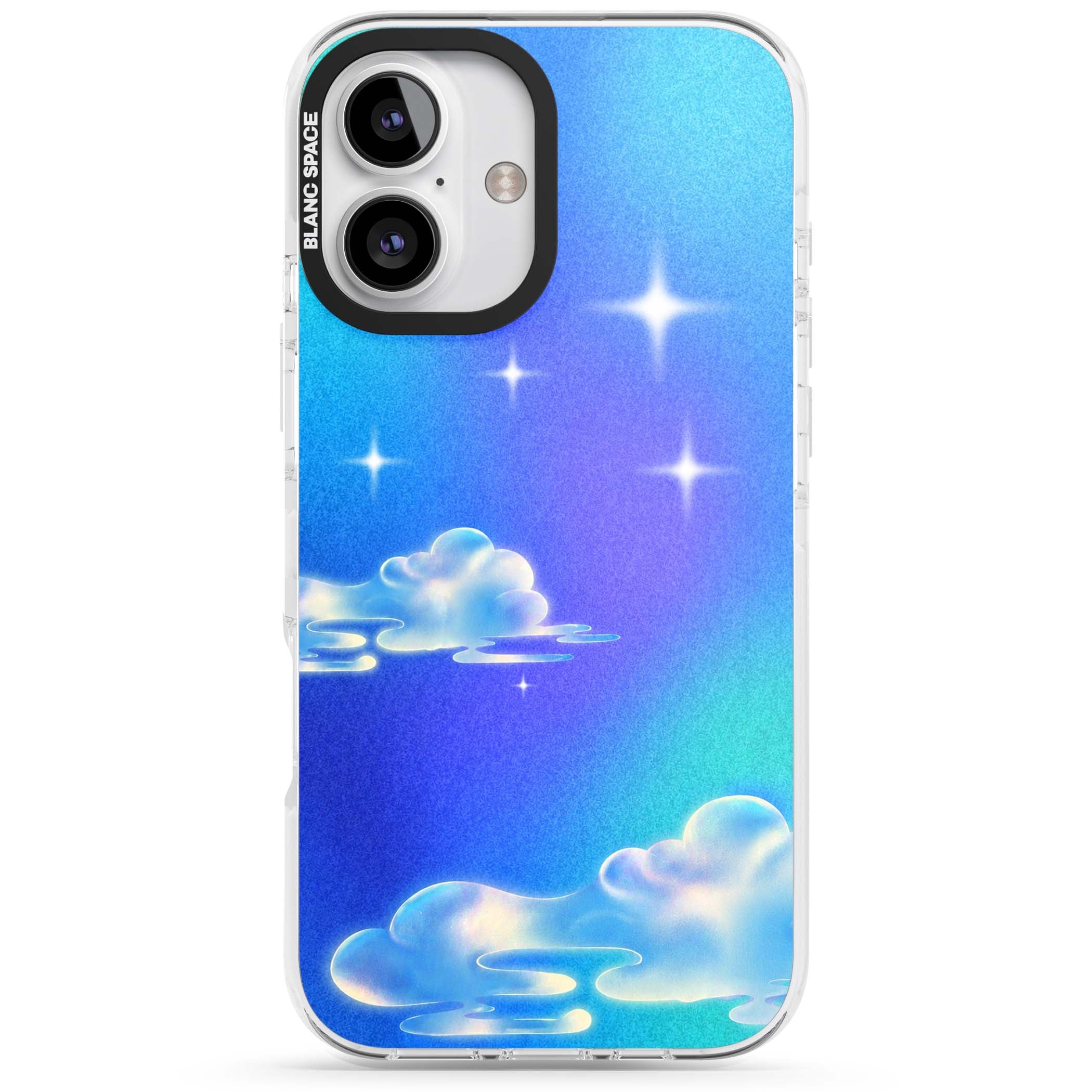 Aurora celestial iPhone case featuring dreamy iridescent clouds, sparkling stars and pastel blue purple sky | Impact Magsafe case for iPhone 16, iPhone 16 Plus