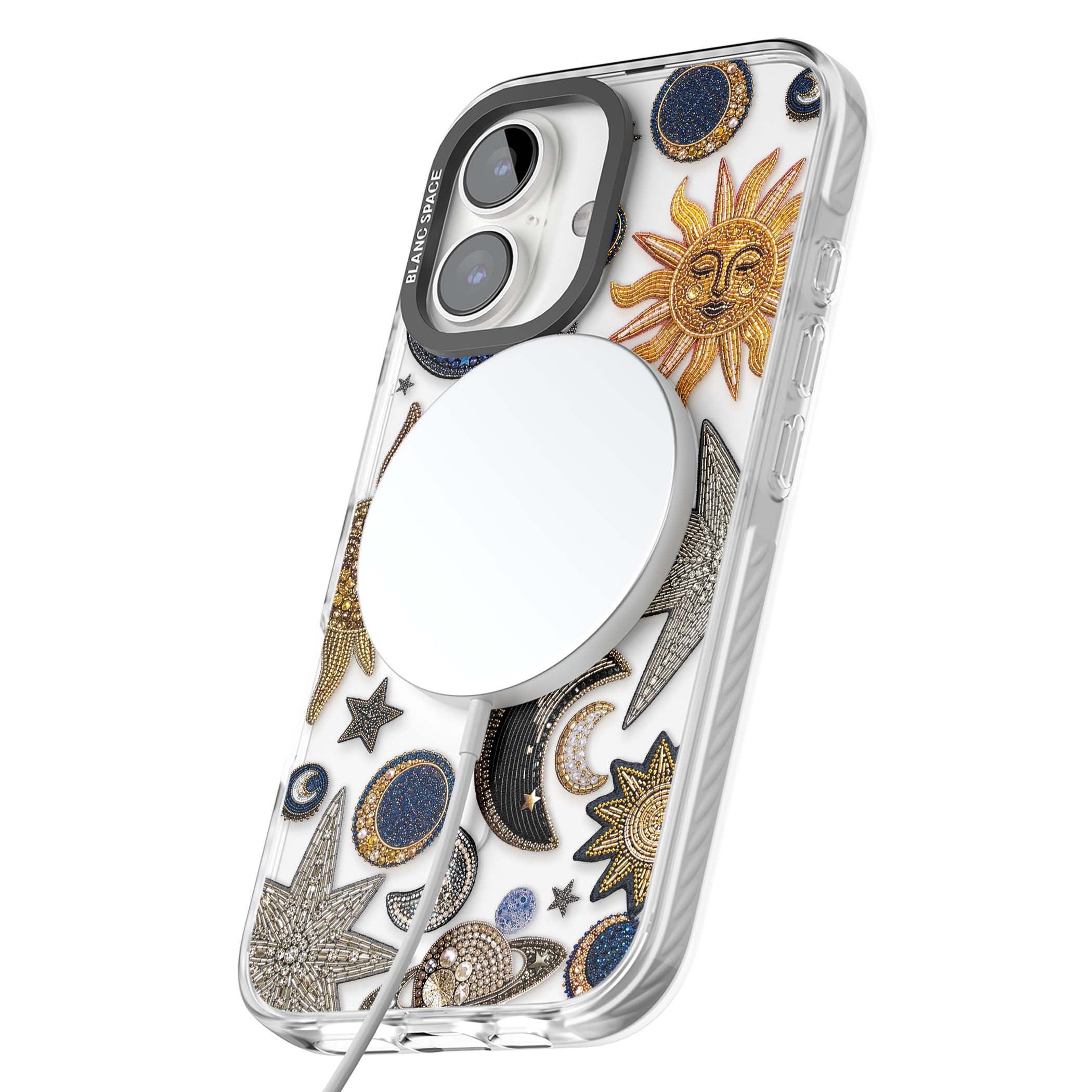Beaded Cosmos celestial iPhone case featuring embroidered golden suns, beaded planets and silver shooting stars | Impact Magsafe case for iPhone 16, iPhone 16 Plus