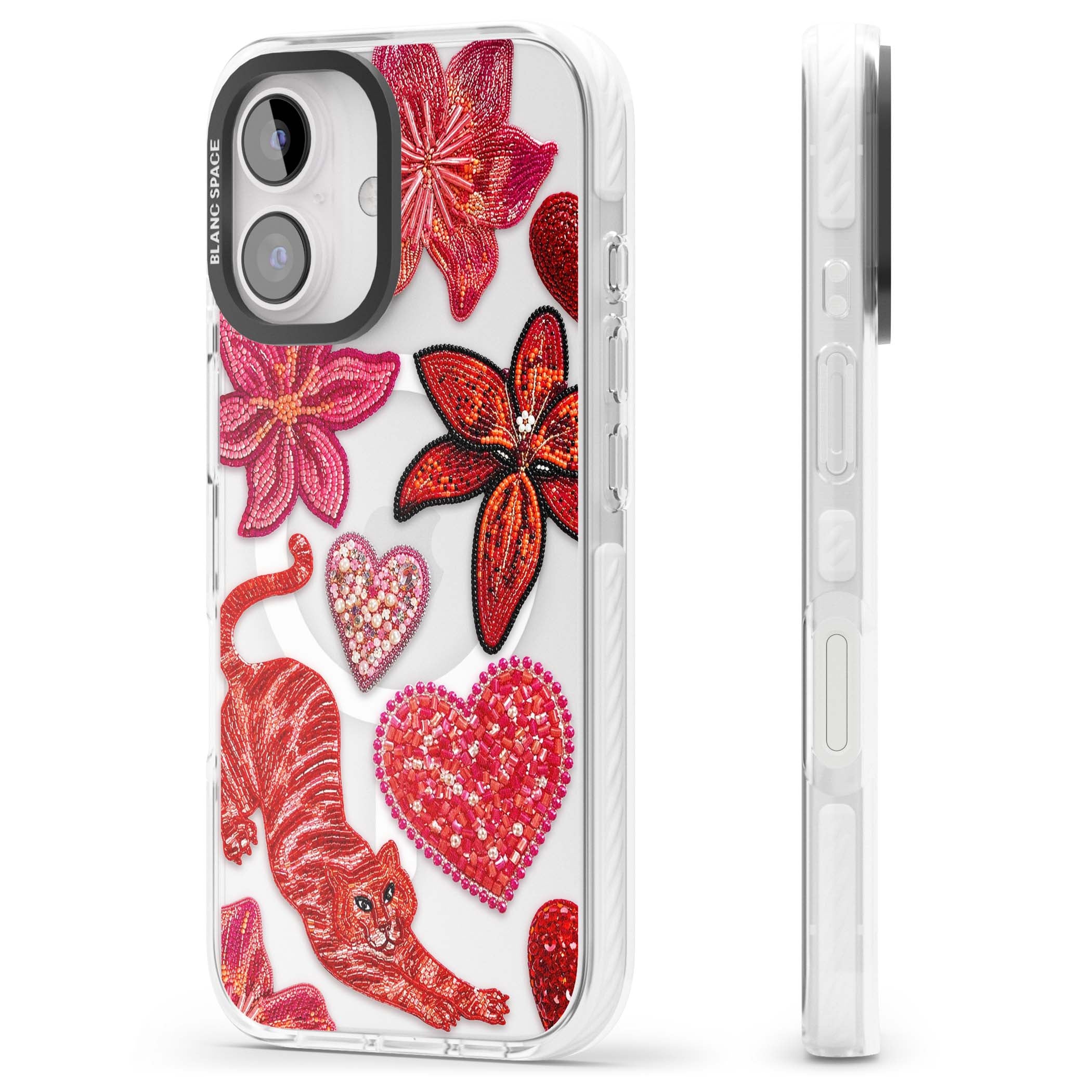 Beaded Boho floral iPhone case featuring beaded red lilies, a stitched tiger, and pearl-encrusted hearts on clear | Impact Magsafe case for iPhone 16, iPhone 16 Plus