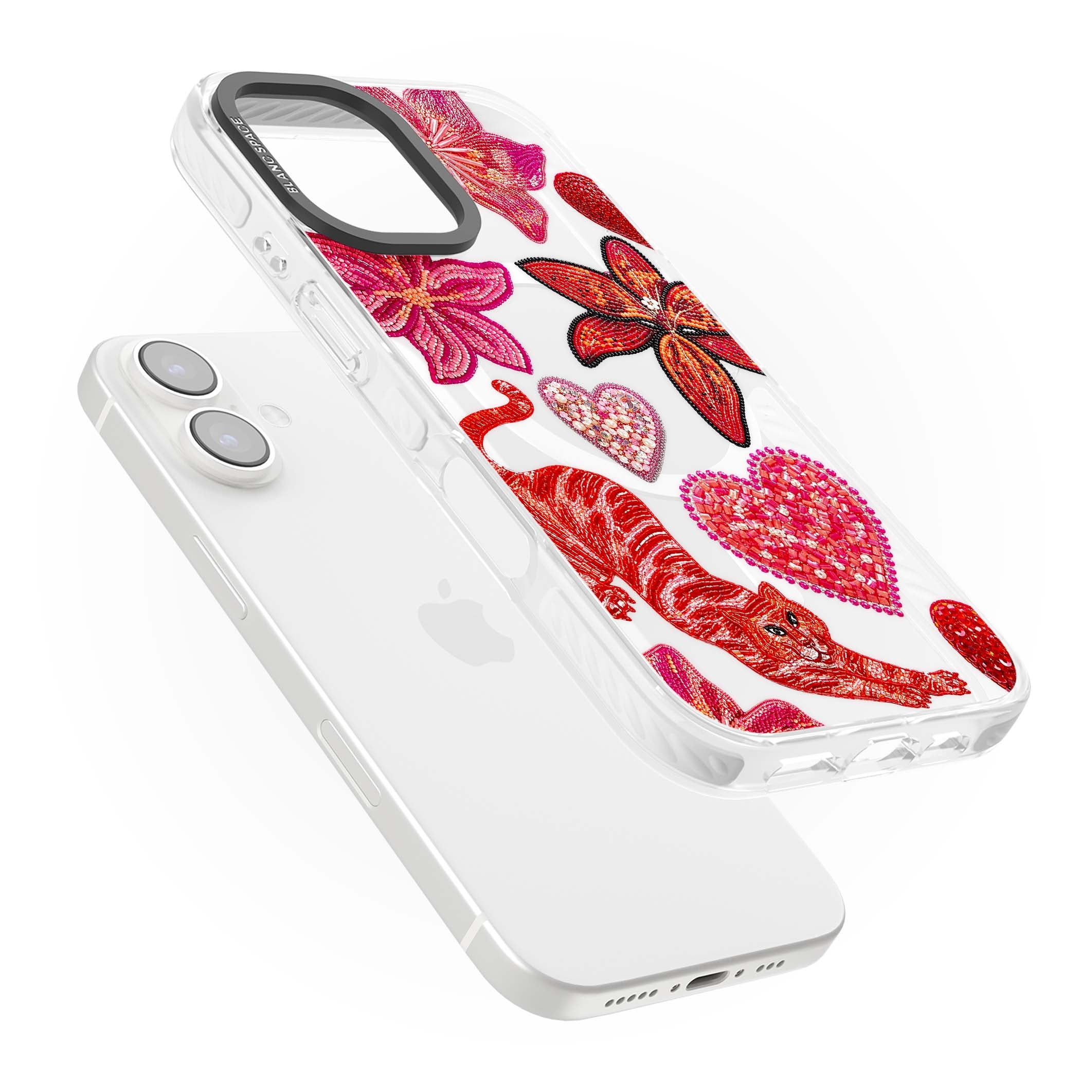 Beaded Boho floral iPhone case featuring beaded red lilies, a stitched tiger, and pearl-encrusted hearts on clear | Impact Magsafe case for iPhone 16, iPhone 16 Plus
