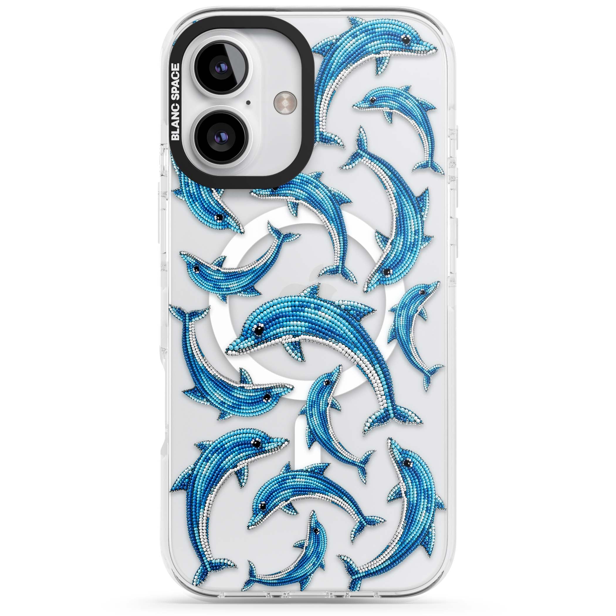Beaded Dolphins coastal iPhone case featuring beaded dolphins in blue and white swimming across a clear background | Impact Magsafe case for iPhone 16, iPhone 16 Plus