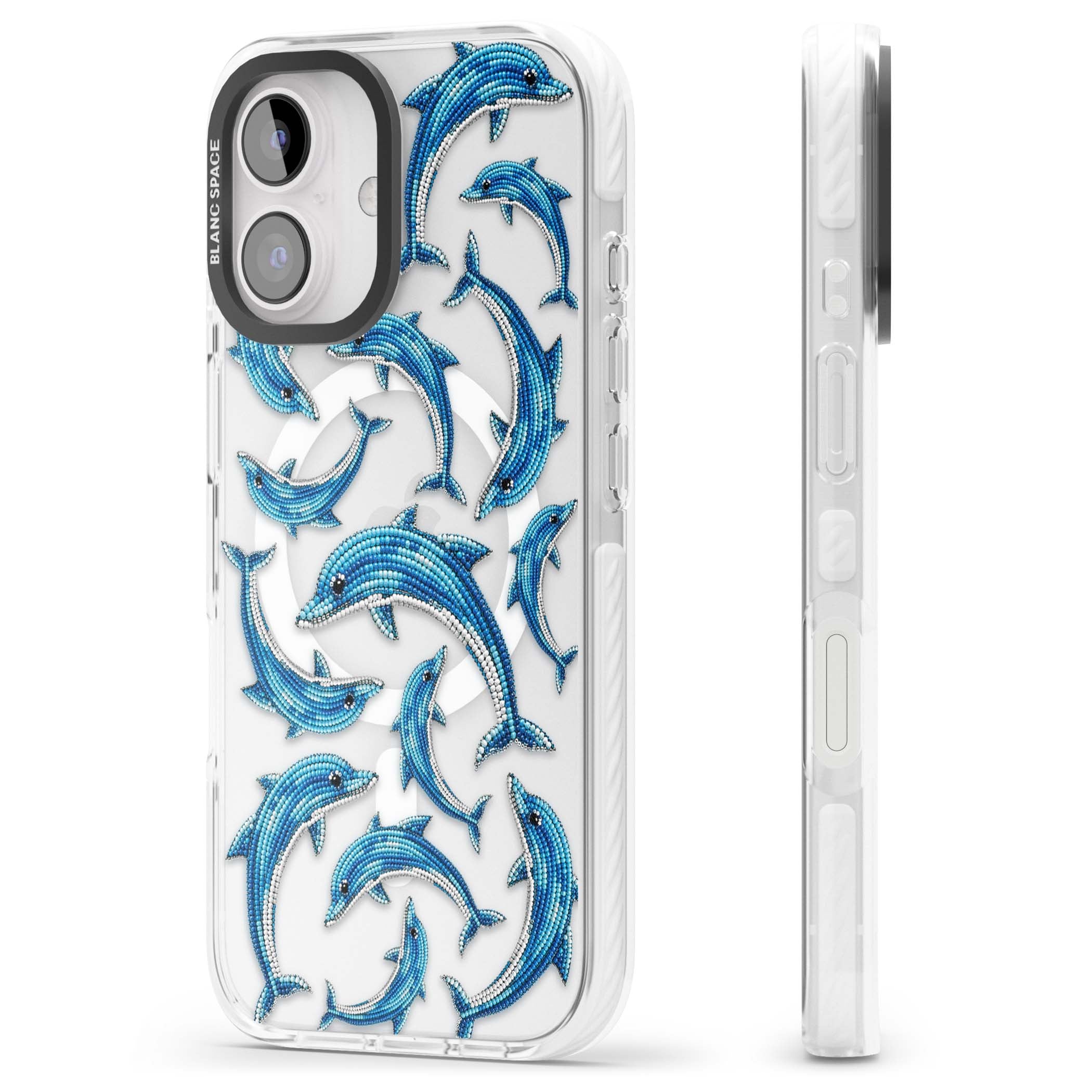 Beaded Dolphins coastal iPhone case featuring beaded dolphins in blue and white swimming across a clear background | Impact Magsafe case for iPhone 16, iPhone 16 Plus