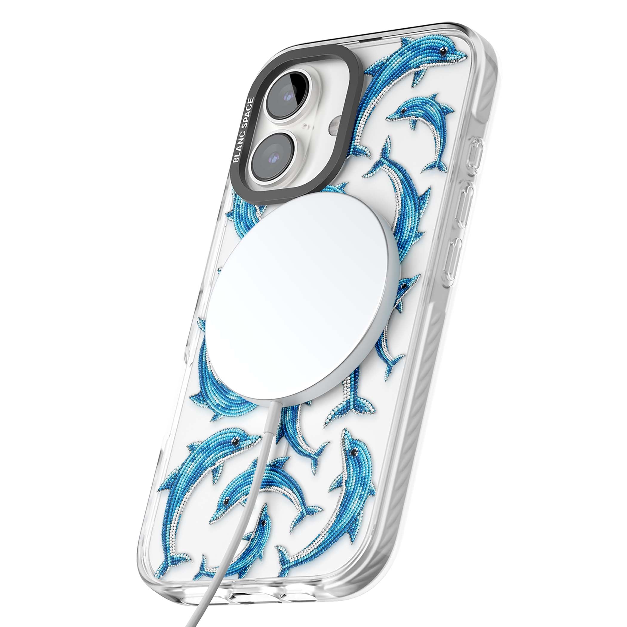 Beaded Dolphins coastal iPhone case featuring beaded dolphins in blue and white swimming across a clear background | Impact Magsafe case for iPhone 16, iPhone 16 Plus