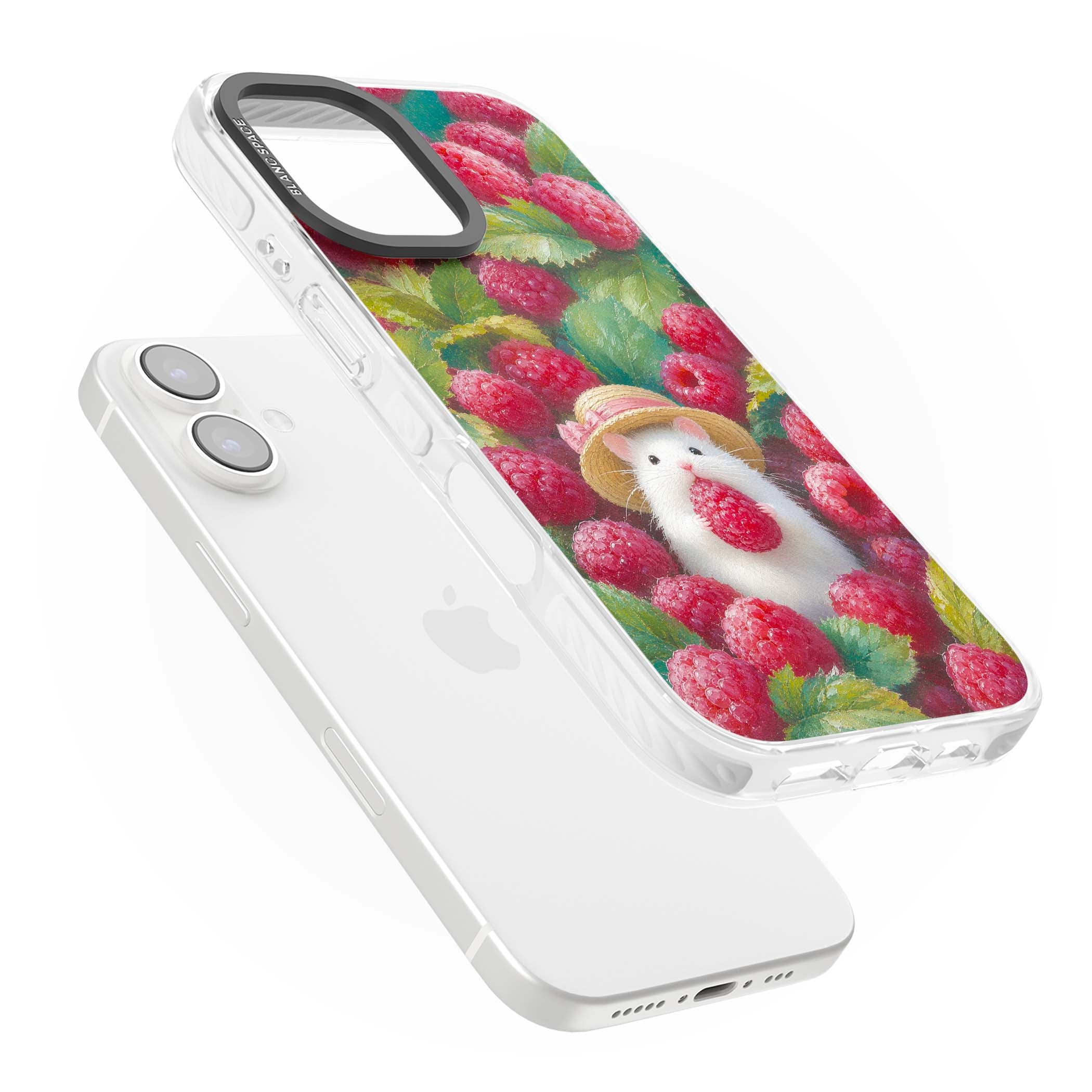 Berry Forager cottagecore iPhone case featuring a white hamster in a straw hat holding a raspberry surrounded by ripe ber | Impact Magsafe case for iPhone 16, iPhone 16 Plus