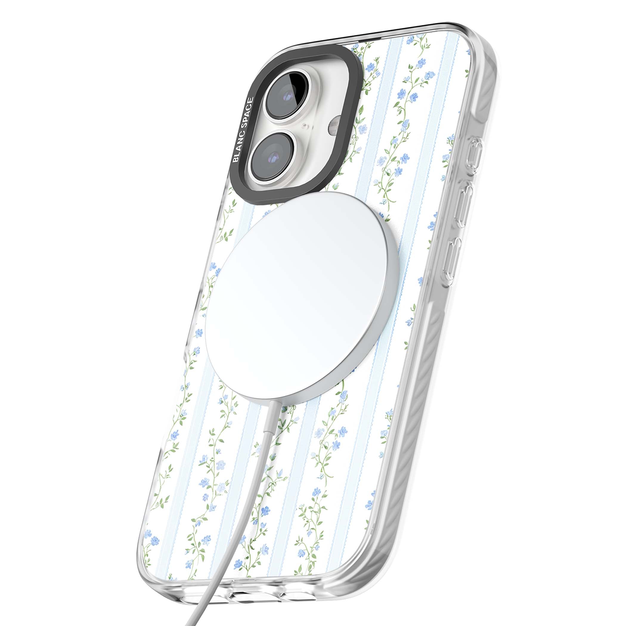 Bluebell Vine cottagecore iPhone case featuring climbing blue roses, trailing green vines, and pale ticking stripes | Impact Magsafe case for iPhone 16, iPhone 16 Plus