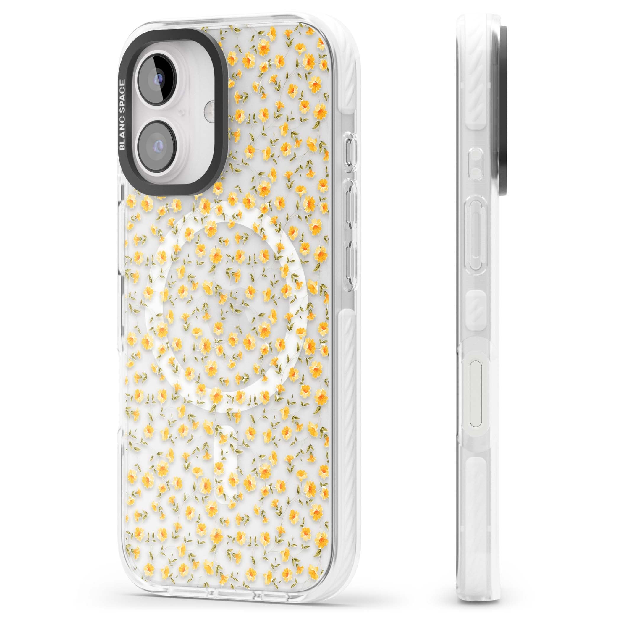 Buttercup wildflower iPhone case featuring tiny yellow flowers and trailing green vines on clear | Impact Magsafe case for iPhone 16, iPhone 16 Plus