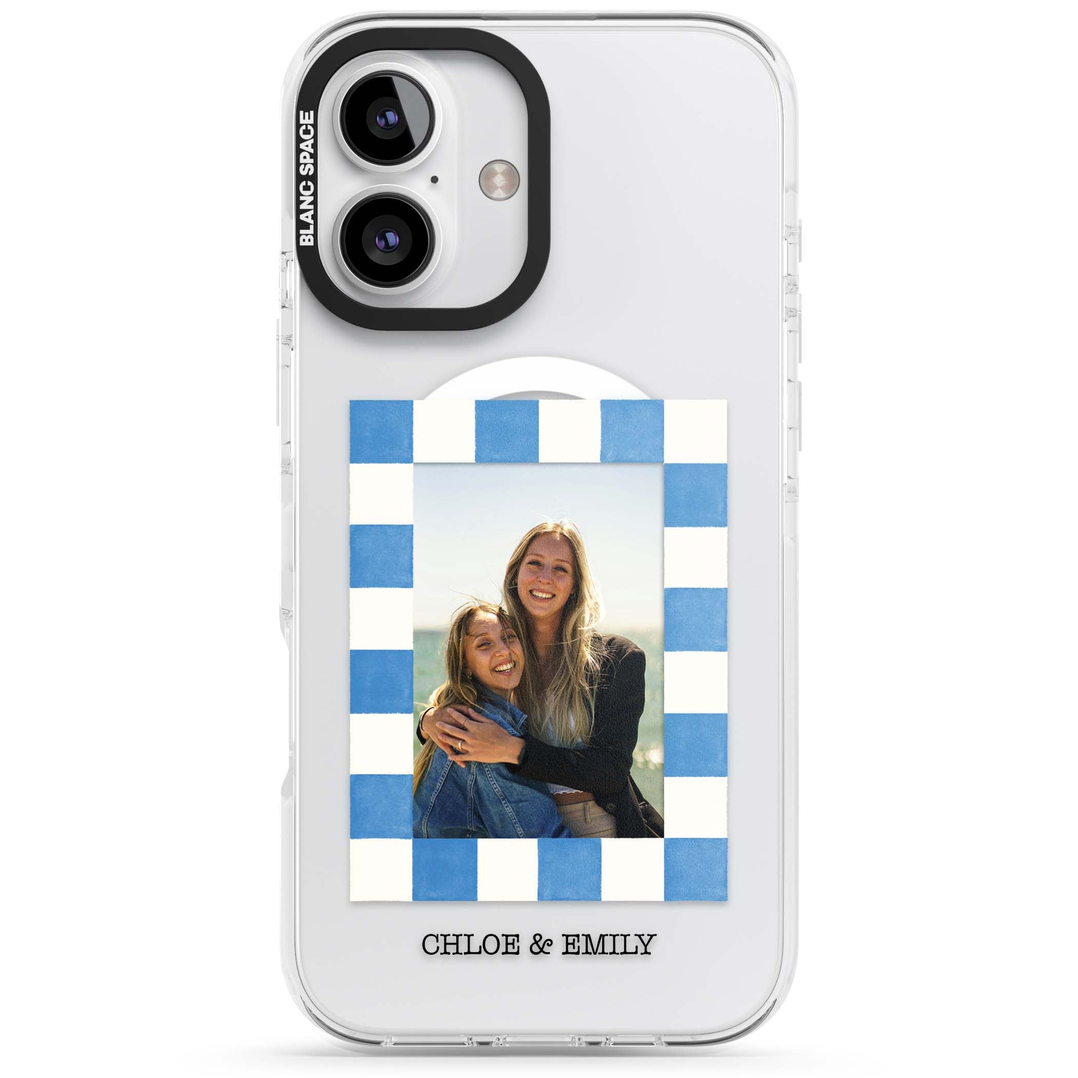 Blue Check Photo personalised photo iPhone case with blue checkered frame and custom couple names | Impact Magsafe case for iPhone 16, iPhone 16 Plus