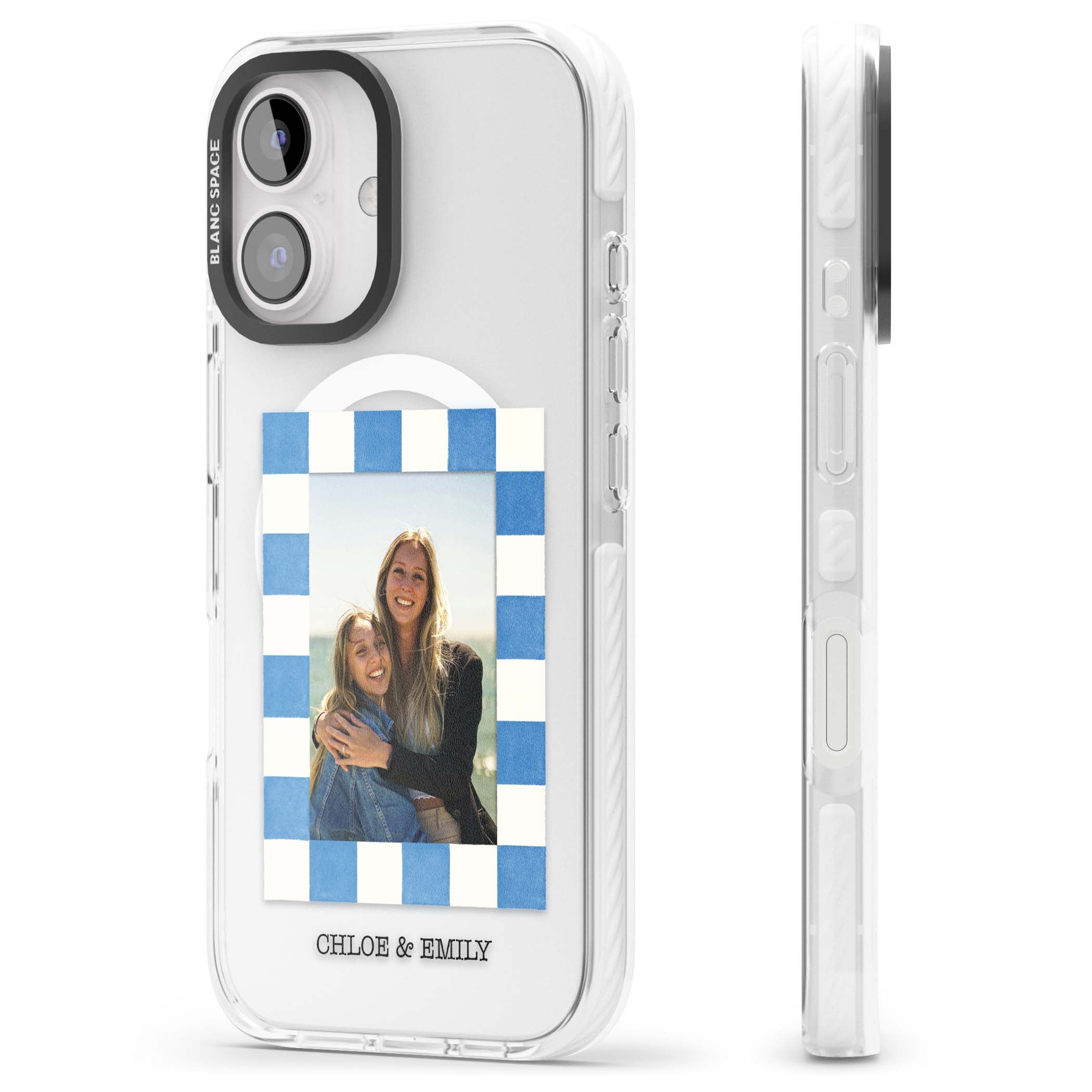 Blue Check Photo personalised photo iPhone case with blue checkered frame and custom couple names | Impact Magsafe case for iPhone 16, iPhone 16 Plus