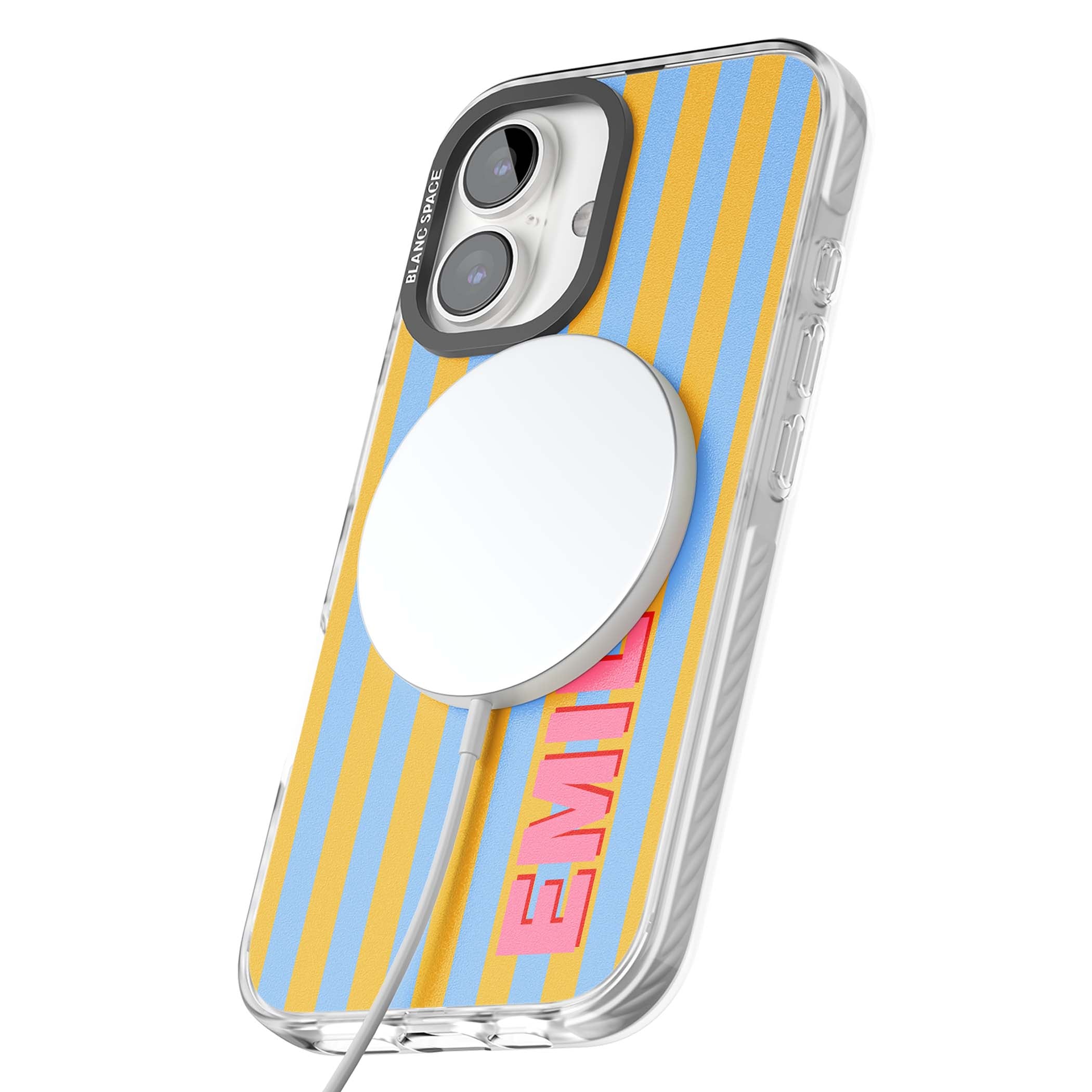 Carribean Stripe personalised coastal iPhone case with yellow and blue vertical stripes and a custom pink name | Impact Magsafe case for iPhone 16, iPhone 16 Plus