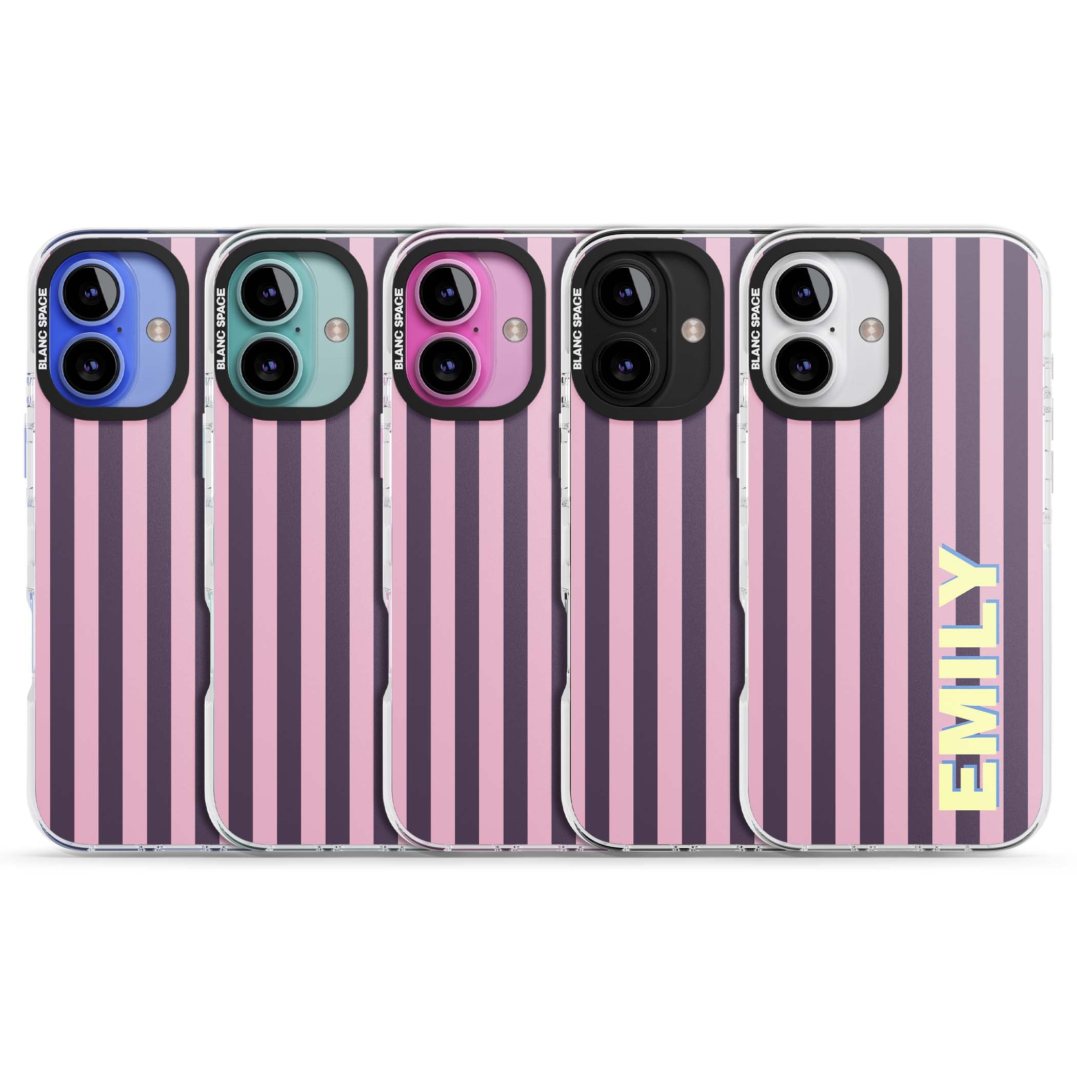 Tyre Stripe personalised stripe iPhone case with plum and pink vertical stripes and custom yellow name | Impact Magsafe case for iPhone 16, iPhone 16 Plus