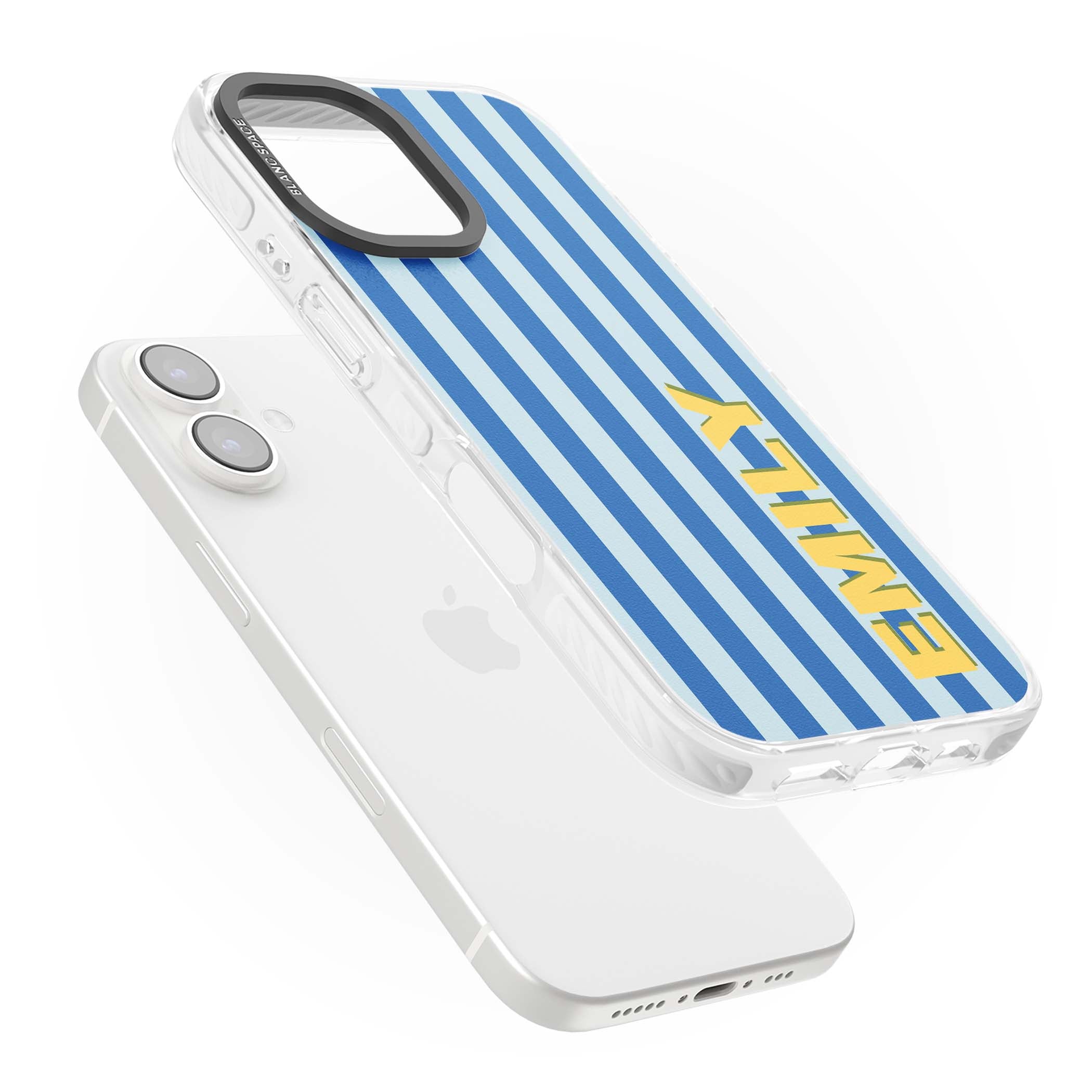 Athenian Stripe personalised preppy iPhone case featuring blue vertical stripes and a custom yellow name | Impact Magsafe case for iPhone 16, iPhone 16 Plus