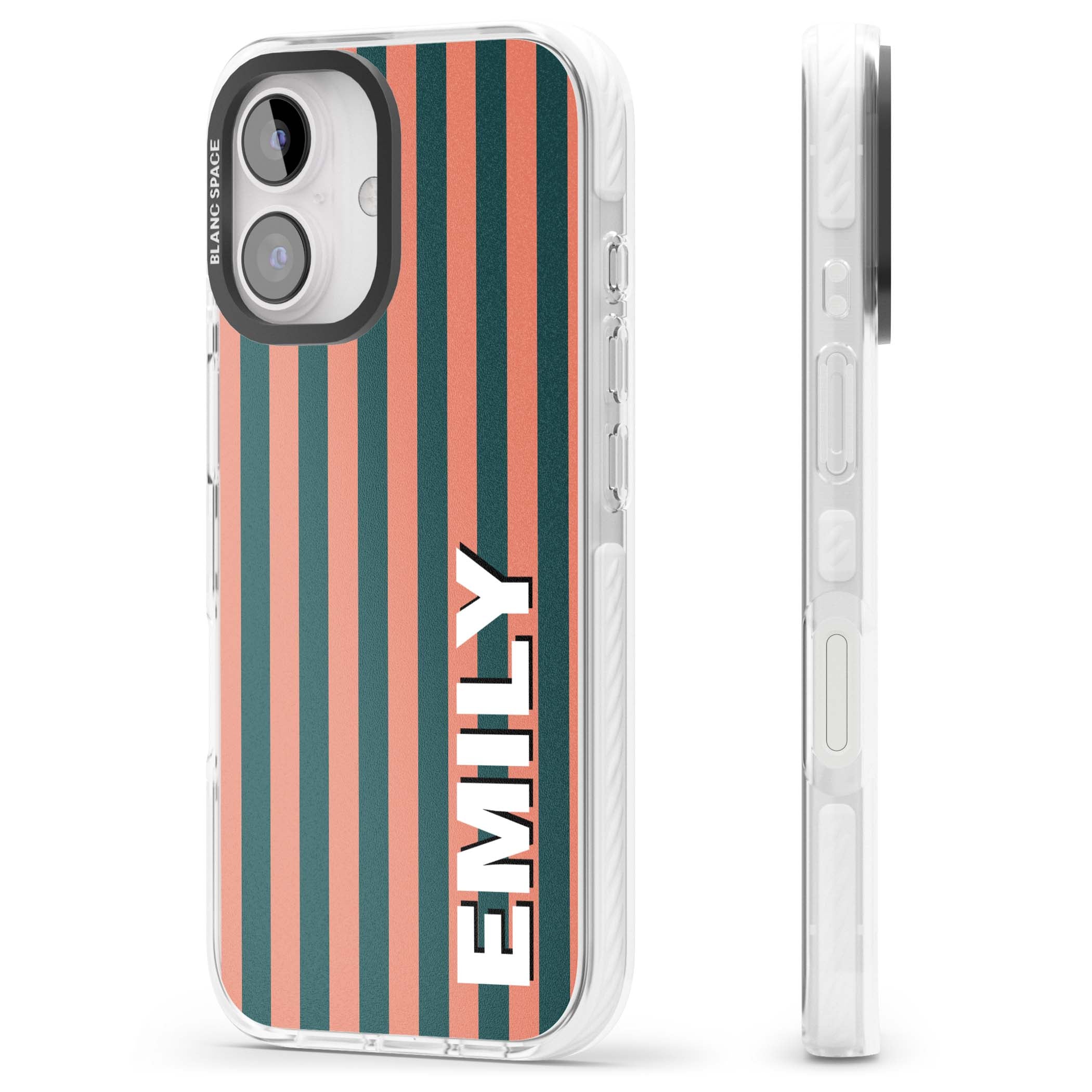 Tuscan Stripe personalised iPhone case featuring coral and green vertical stripes with bold custom name | Impact Magsafe case for iPhone 16, iPhone 16 Plus