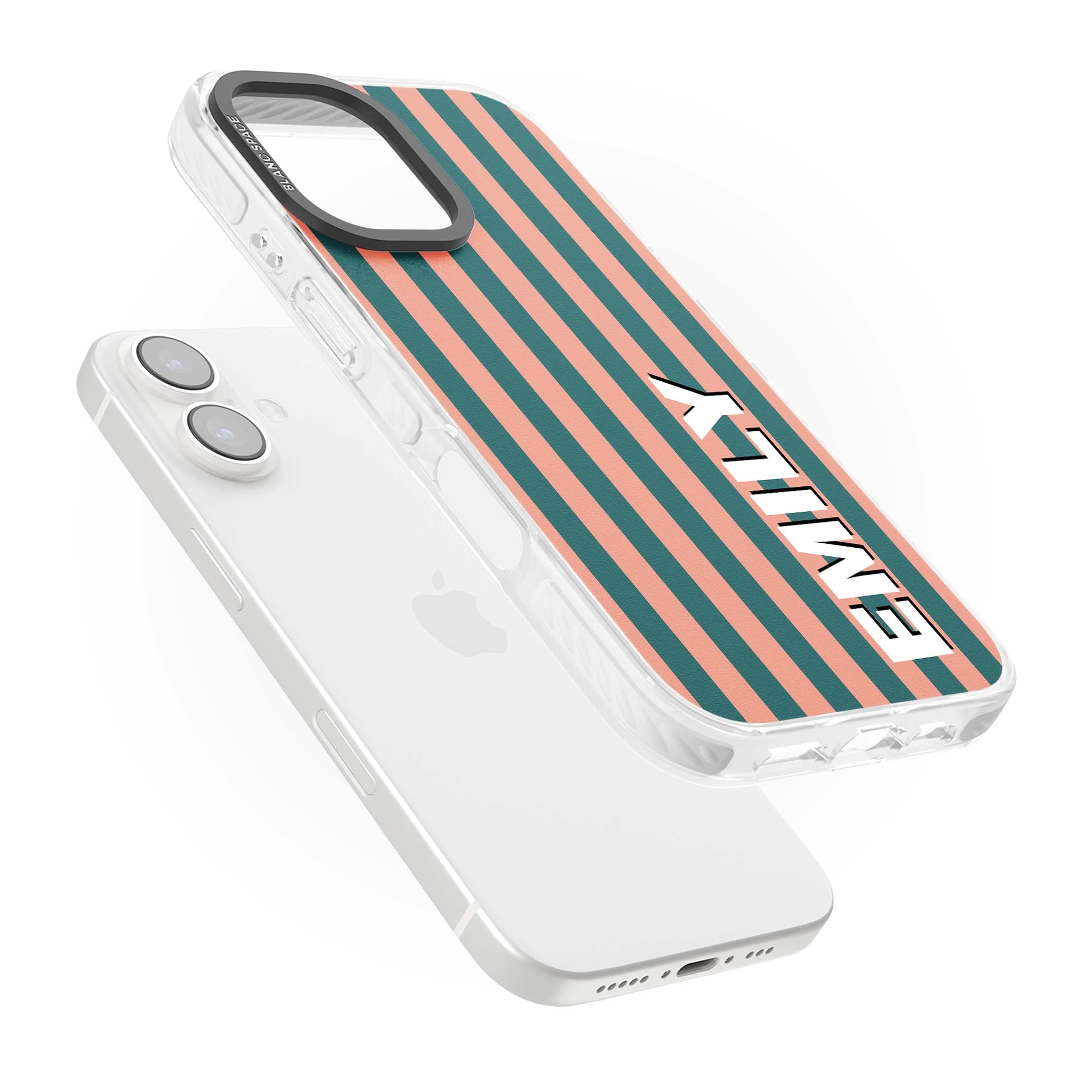 Tuscan Stripe personalised iPhone case featuring coral and green vertical stripes with bold custom name | Impact Magsafe case for iPhone 16, iPhone 16 Plus