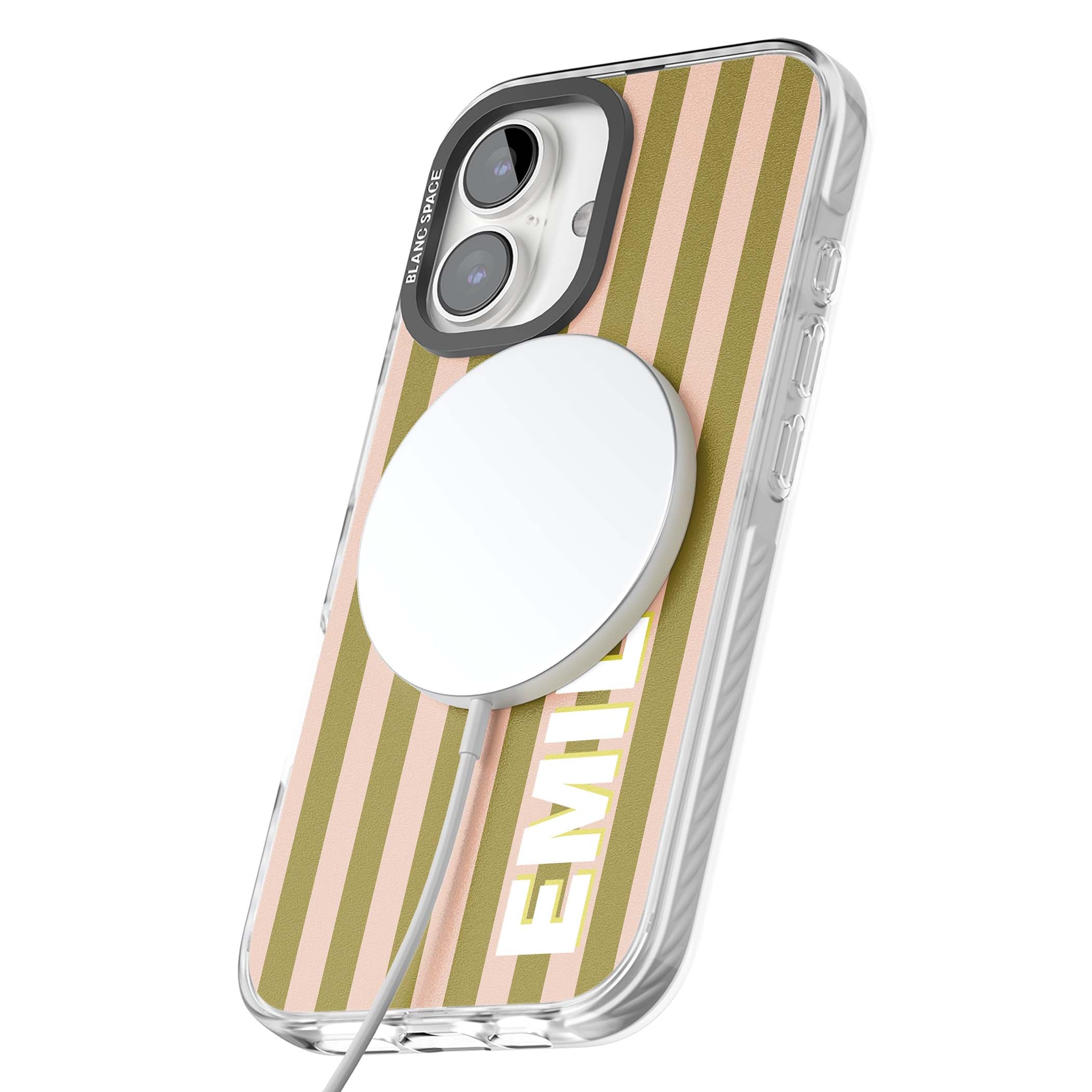 Indian Stripe personalised iPhone case featuring olive green and blush pink vertical stripes with custom name in whit | Impact Magsafe case for iPhone 16, iPhone 16 Plus