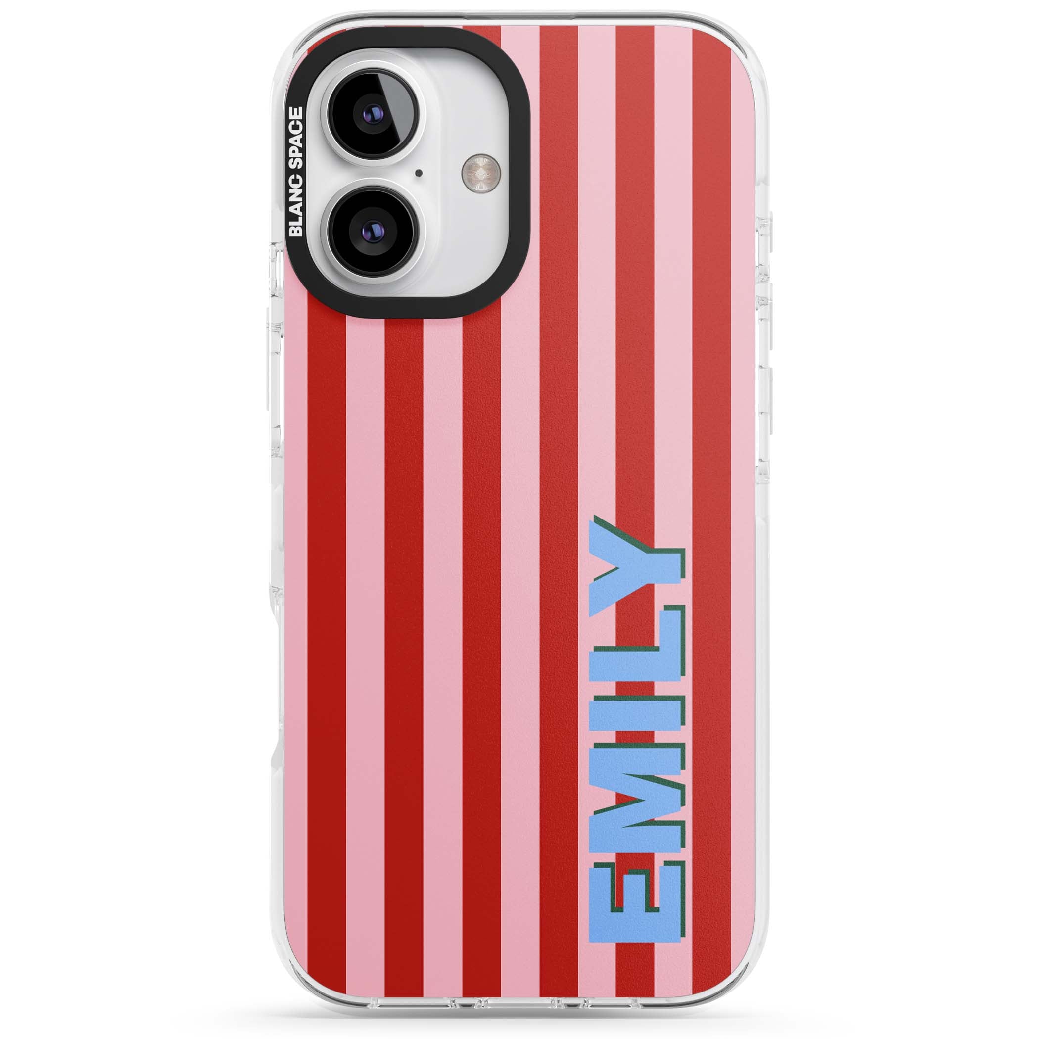 Market Stripe personalised iPhone case with red and pink vertical stripes and custom blue name | Impact Magsafe case for iPhone 16, iPhone 16 Plus