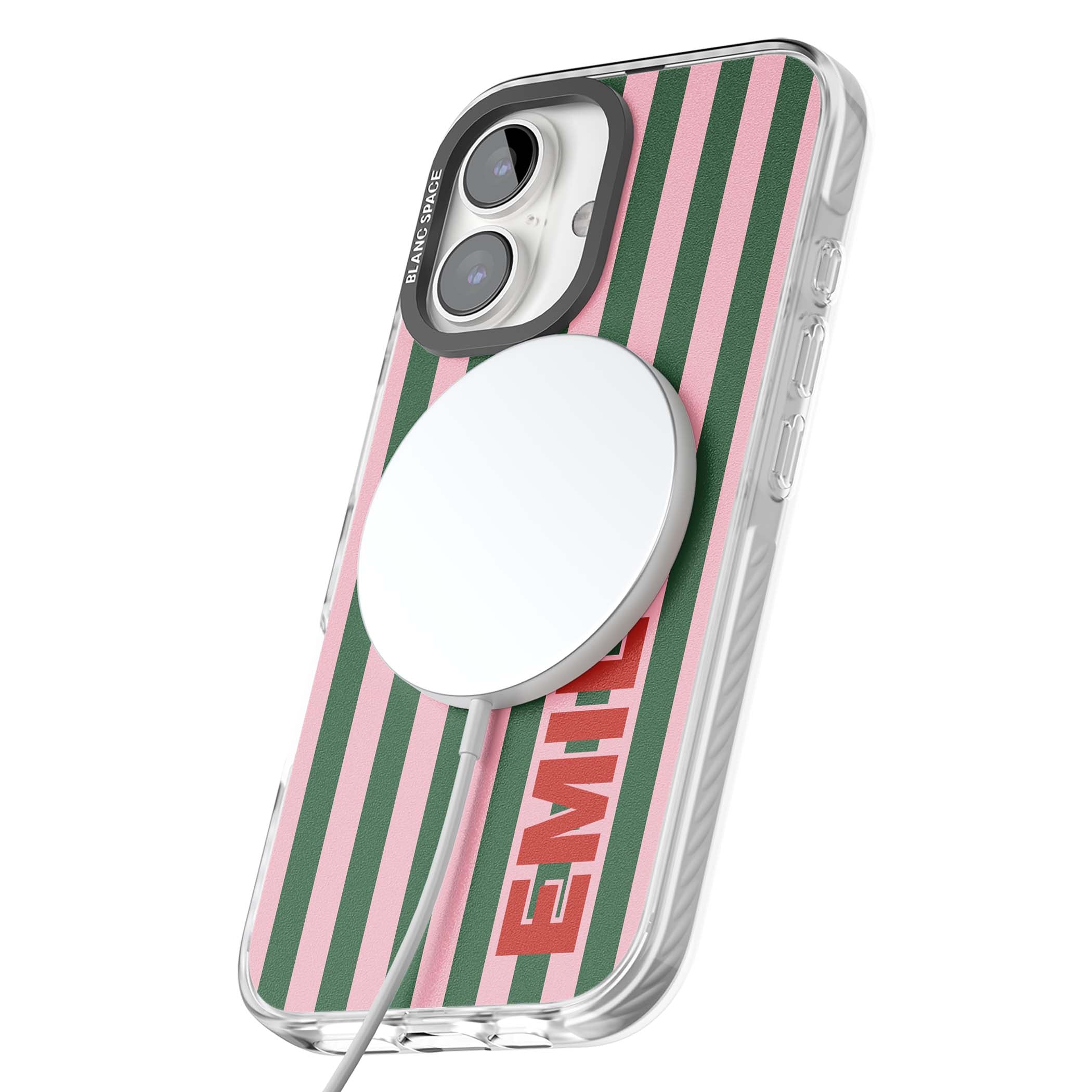 Italian Stripe preppy iPhone case featuring pink and green vertical stripes with personalised red name | Impact Magsafe case for iPhone 16, iPhone 16 Plus
