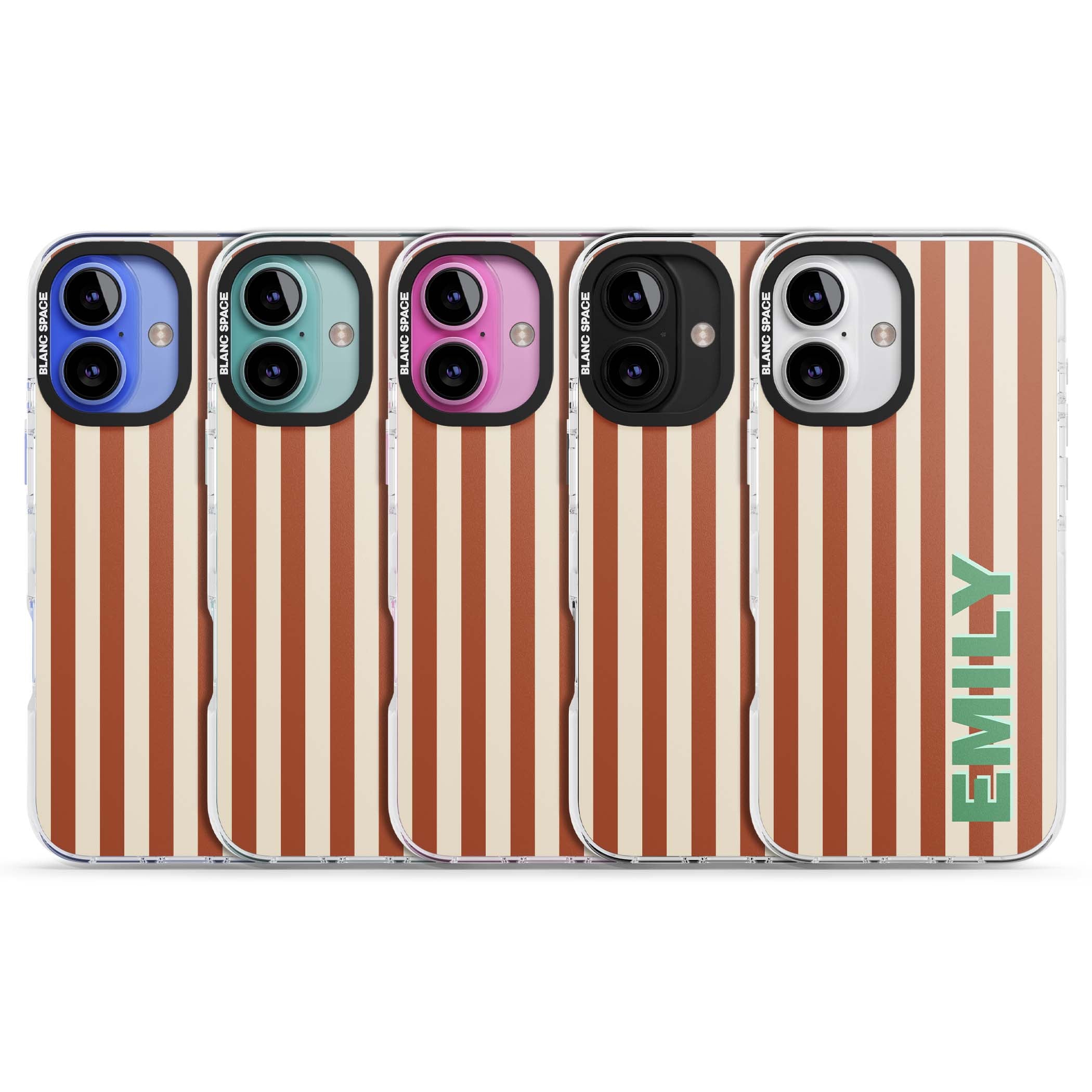 Dune Stripe personalised iPhone case with rust and cream vertical stripes and custom name in mint green | Impact Magsafe case for iPhone 16, iPhone 16 Plus