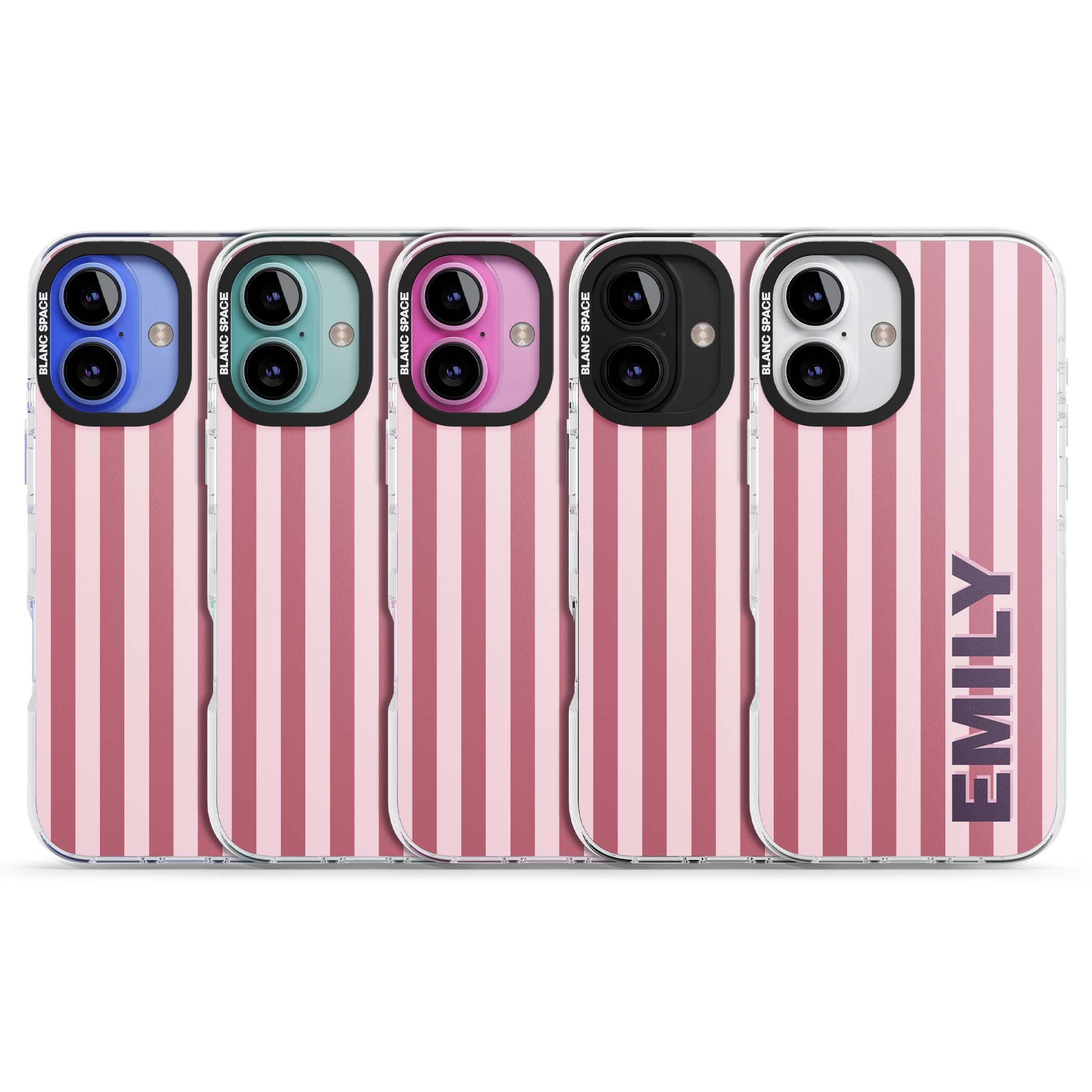Victoria Stripe personalised iPhone case featuring pink vertical stripes and custom name in bold plum lettering | Impact Magsafe case for iPhone 16, iPhone 16 Plus