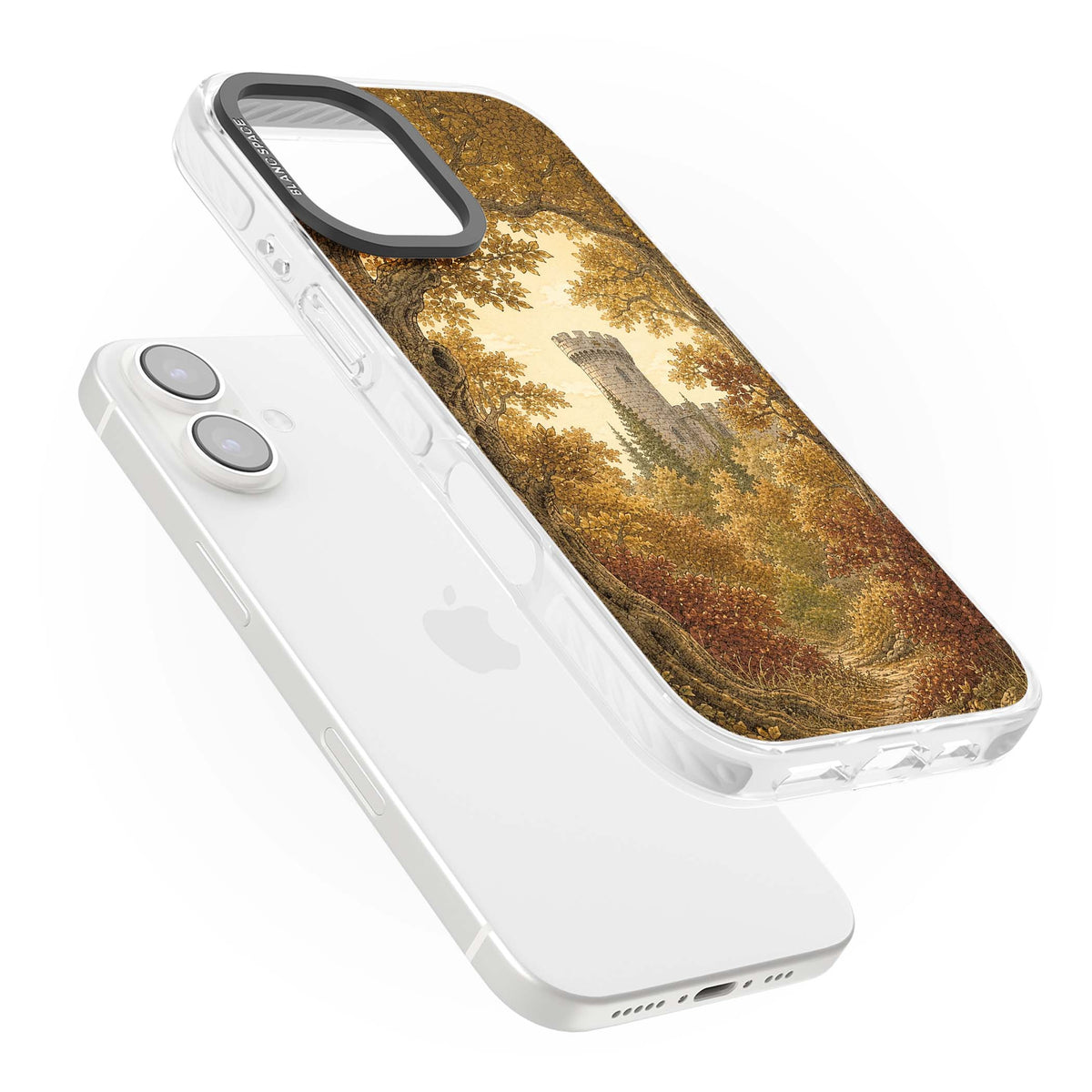 Autumn Keep cottagecore iPhone case featuring a medieval castle tower framed by golden autumn trees and woodland foliage | Impact Magsafe case for iPhone 16, iPhone 16 Plus