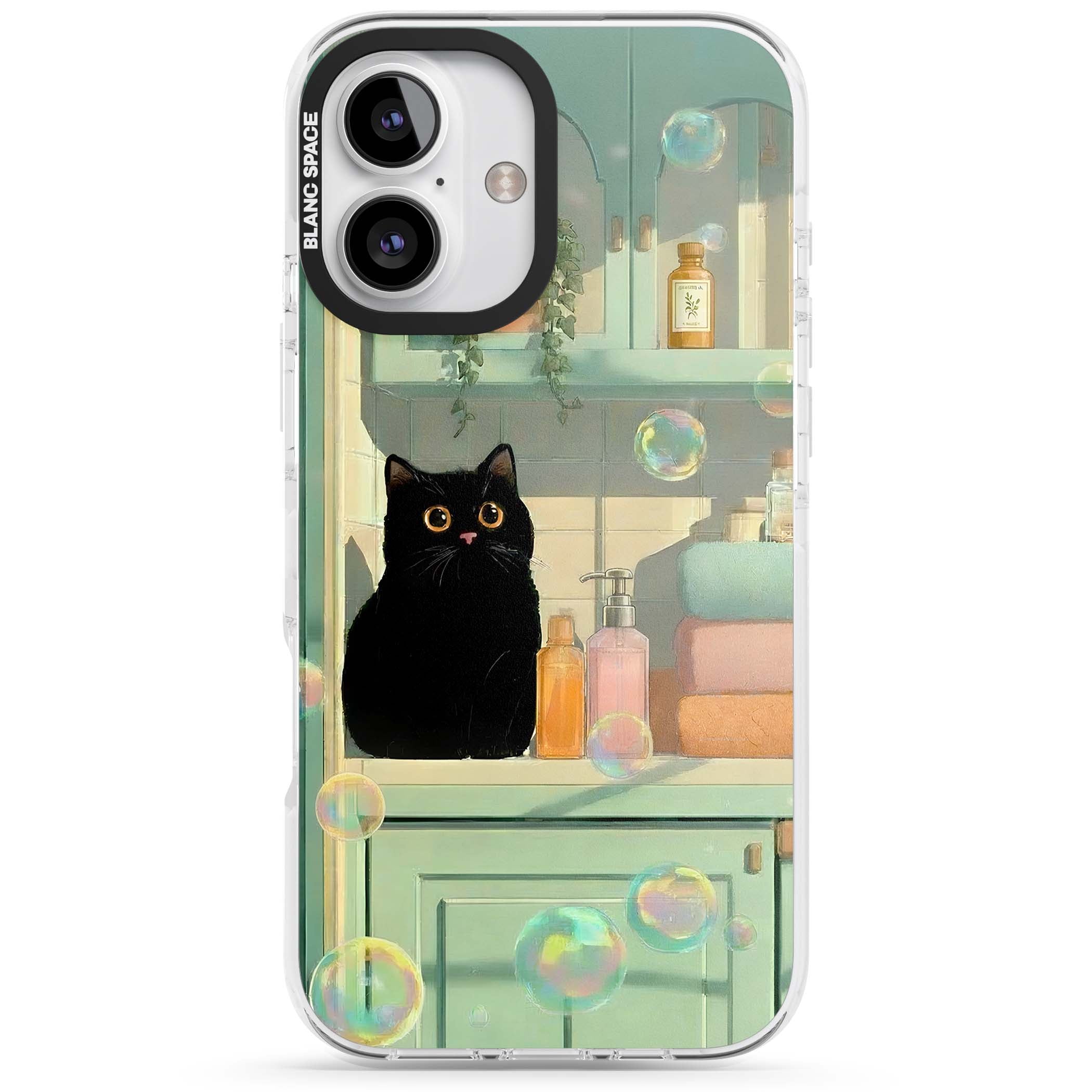 Bathroom Bubble Kitty cottagecore iPhone case featuring a black cat, mint bathroom scene and floating soap bubbles | Impact Magsafe case for iPhone 16, iPhone 16 Plus