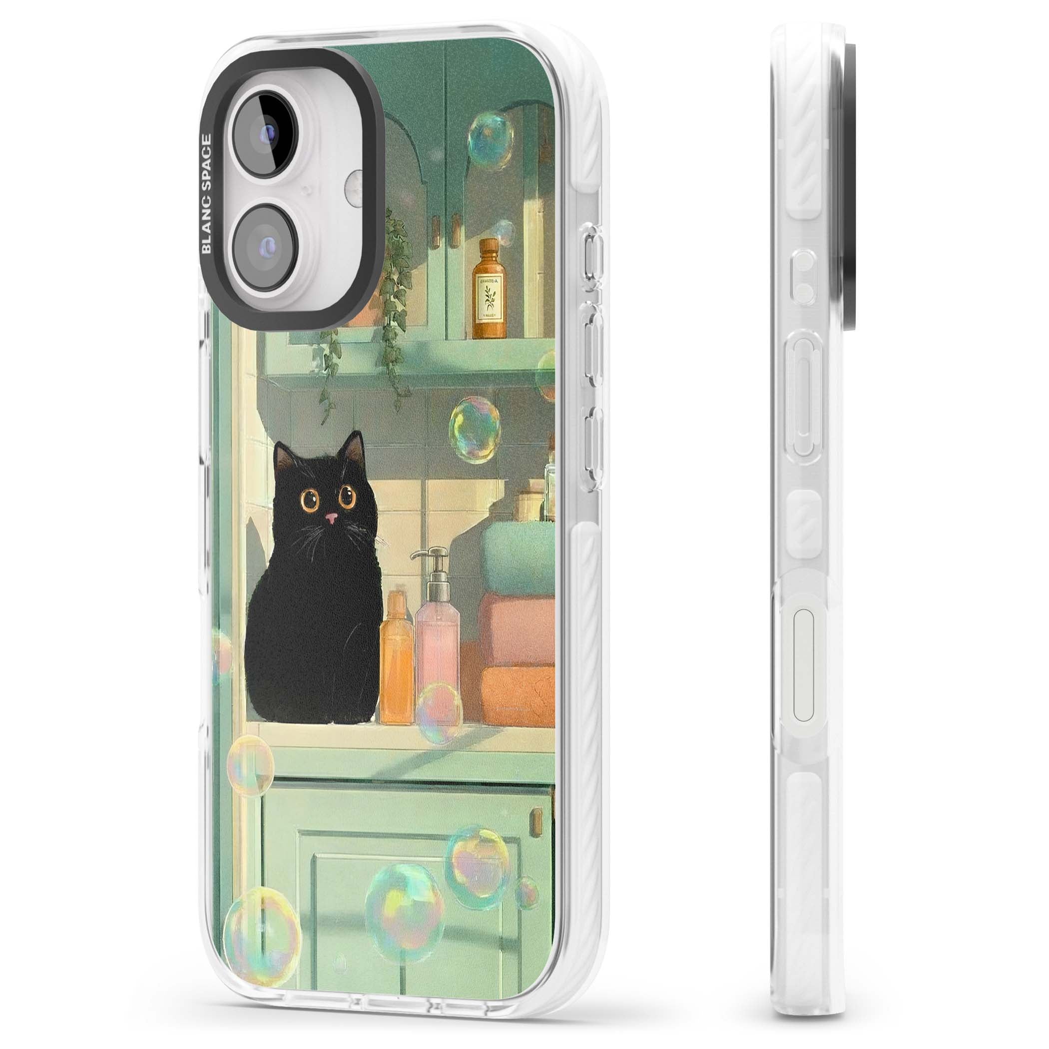 Bathroom Bubble Kitty cottagecore iPhone case featuring a black cat, mint bathroom scene and floating soap bubbles | Impact Magsafe case for iPhone 16, iPhone 16 Plus