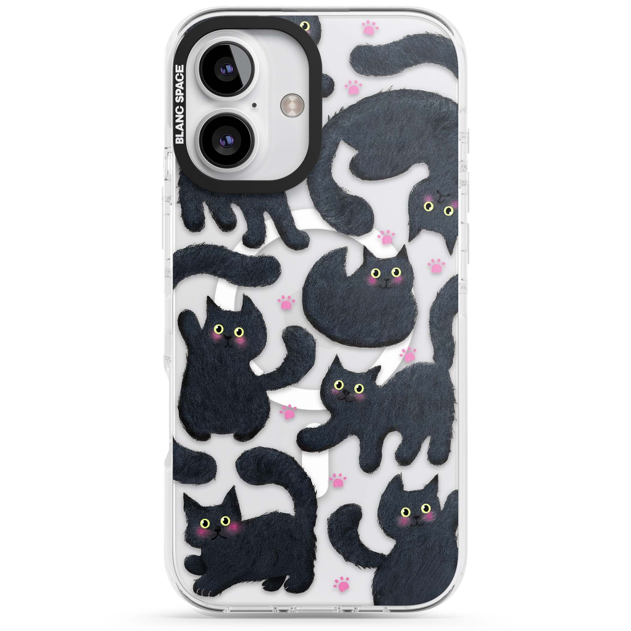 Midnight Cats cute iPhone case featuring black cat pattern with yellow eyes and pink paw prints | Impact Magsafe case for iPhone 16, iPhone 16 Plus