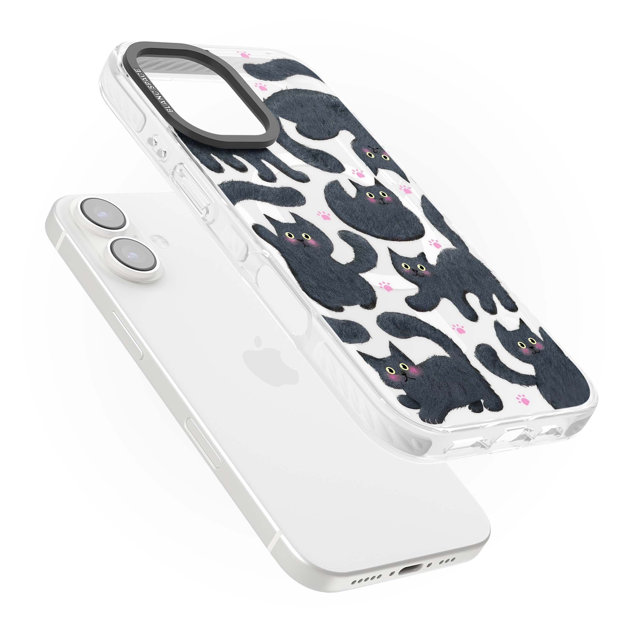 Midnight Cats cute iPhone case featuring black cat pattern with yellow eyes and pink paw prints | Impact Magsafe case for iPhone 16, iPhone 16 Plus