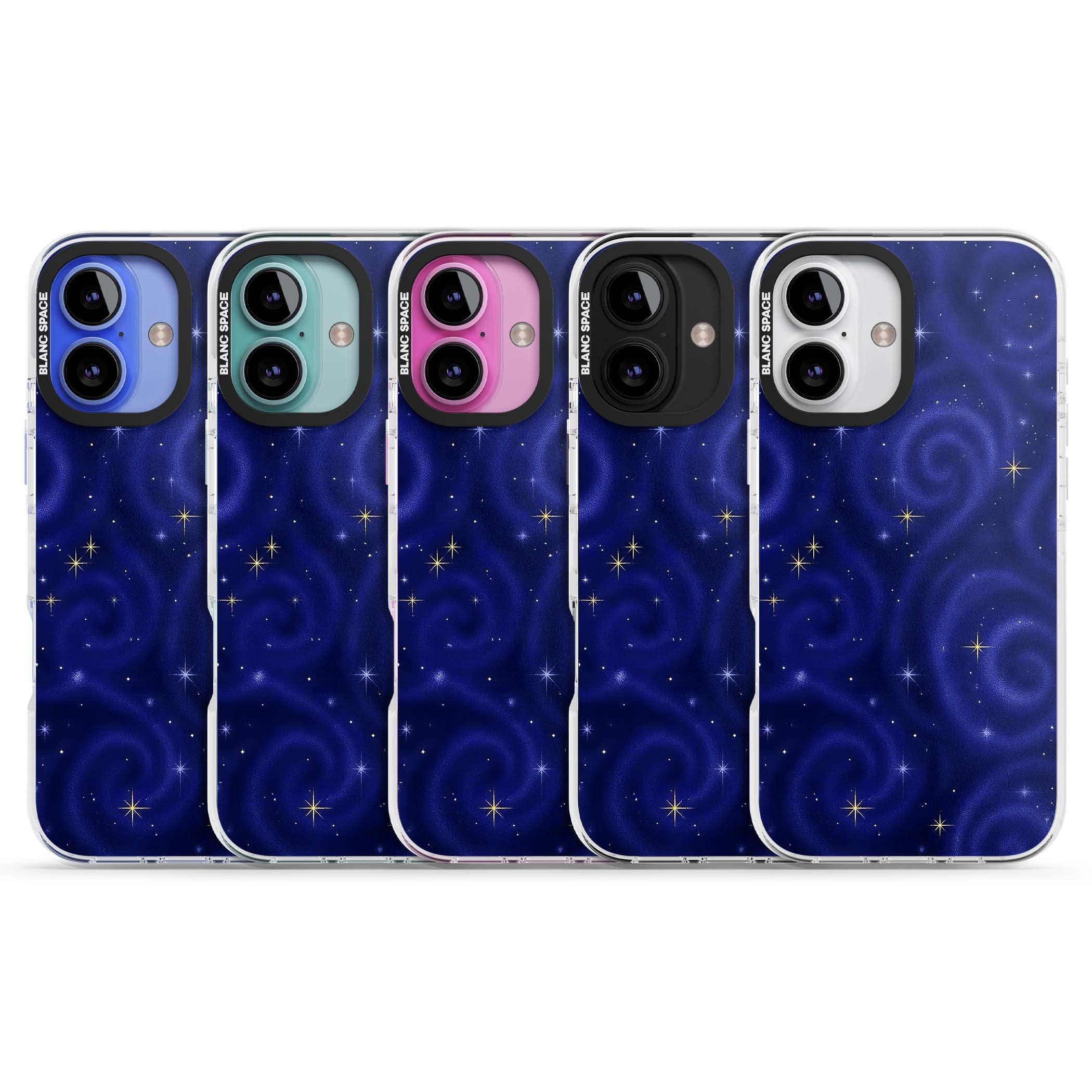 Indigo Cosmos celestial iPhone case featuring swirling navy night sky and sparkling golden stars | Impact Magsafe case for iPhone 16, iPhone 16 Plus