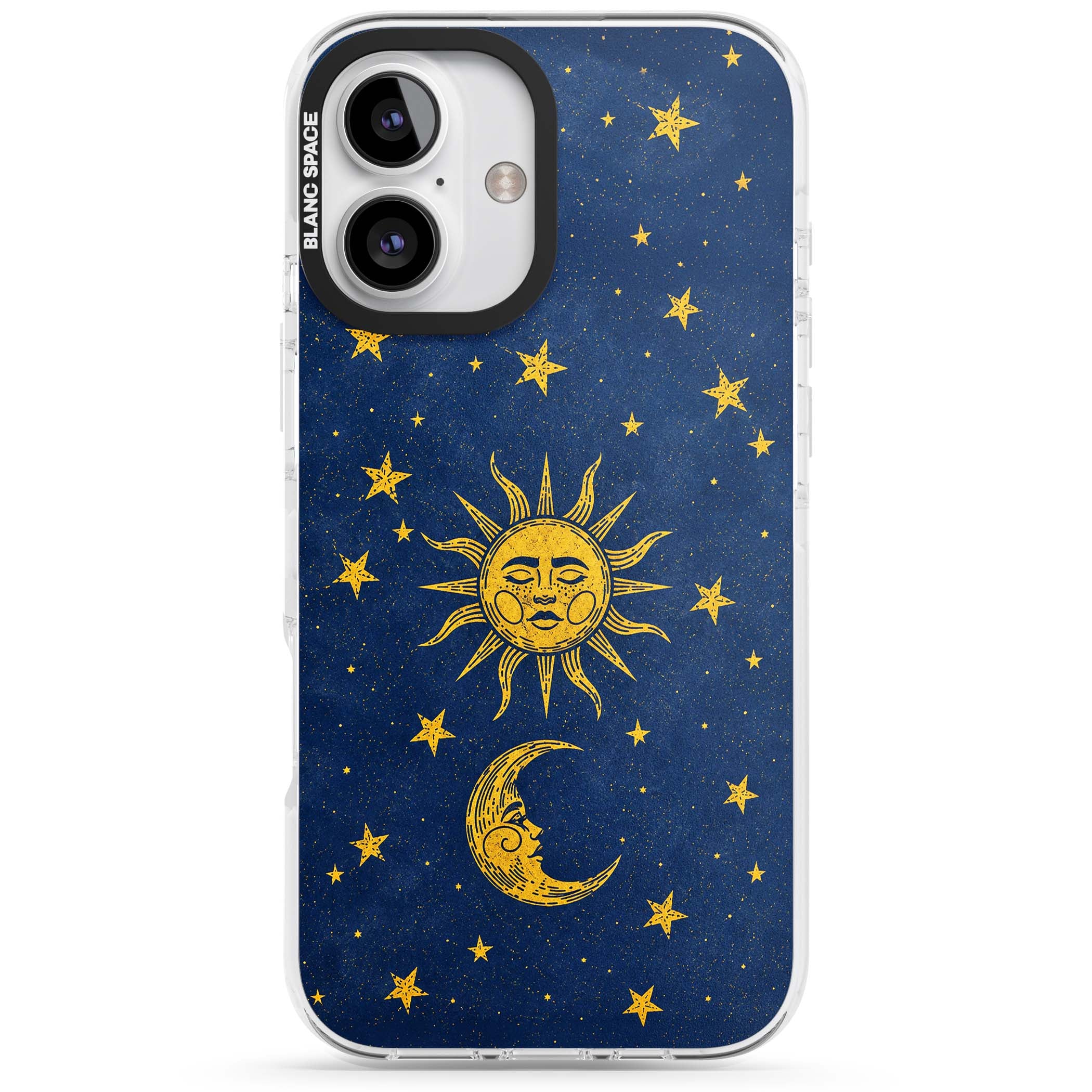 Sun & Moon Reverie celestial iPhone case featuring a vintage golden sun, crescent moon and scattered stars on midnight blue | Impact Magsafe case for iPhone 16, iPhone 16 Plus