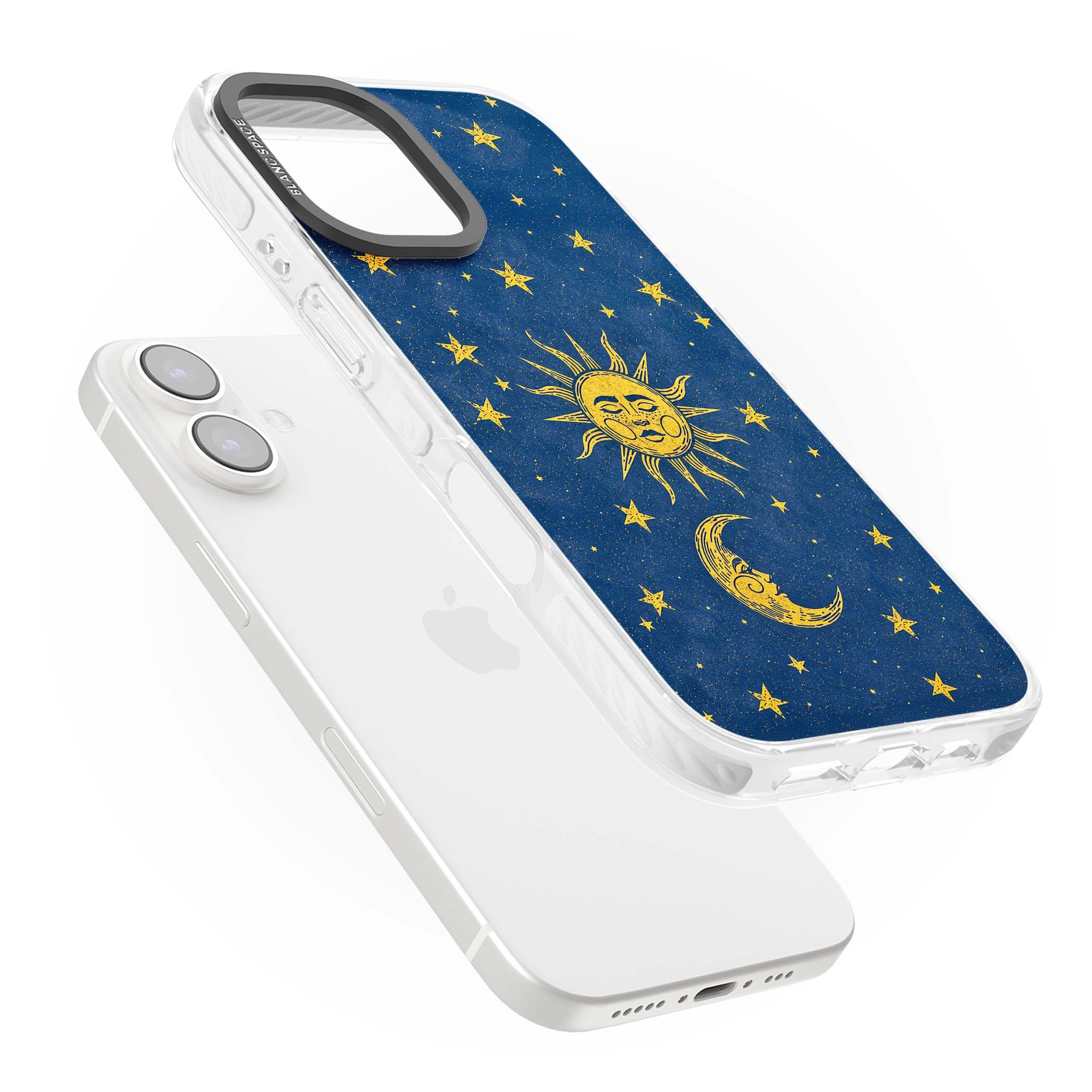 Sun & Moon Reverie celestial iPhone case featuring a vintage golden sun, crescent moon and scattered stars on midnight blue | Impact Magsafe case for iPhone 16, iPhone 16 Plus