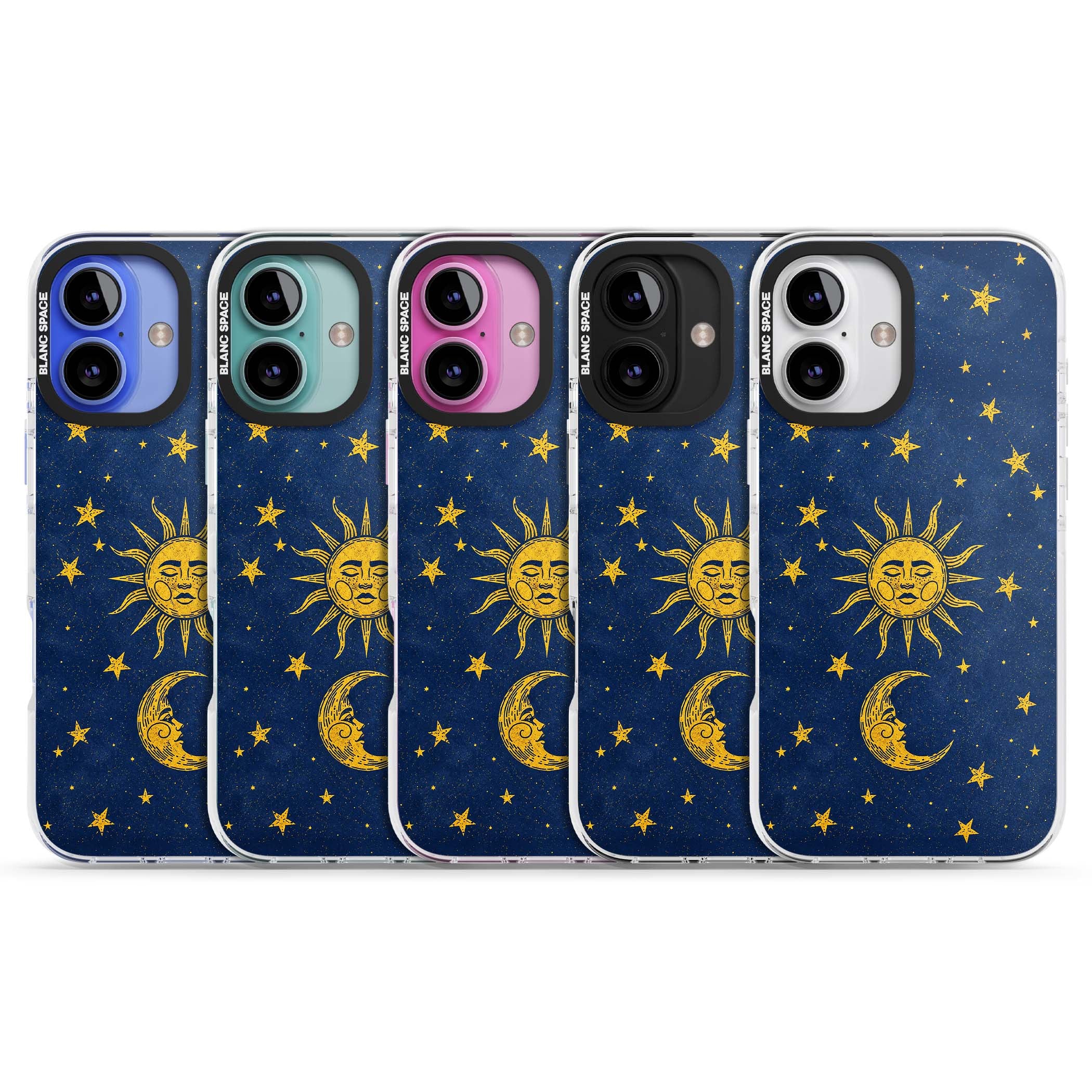 Sun & Moon Reverie celestial iPhone case featuring a vintage golden sun, crescent moon and scattered stars on midnight blue | Impact Magsafe case for iPhone 16, iPhone 16 Plus