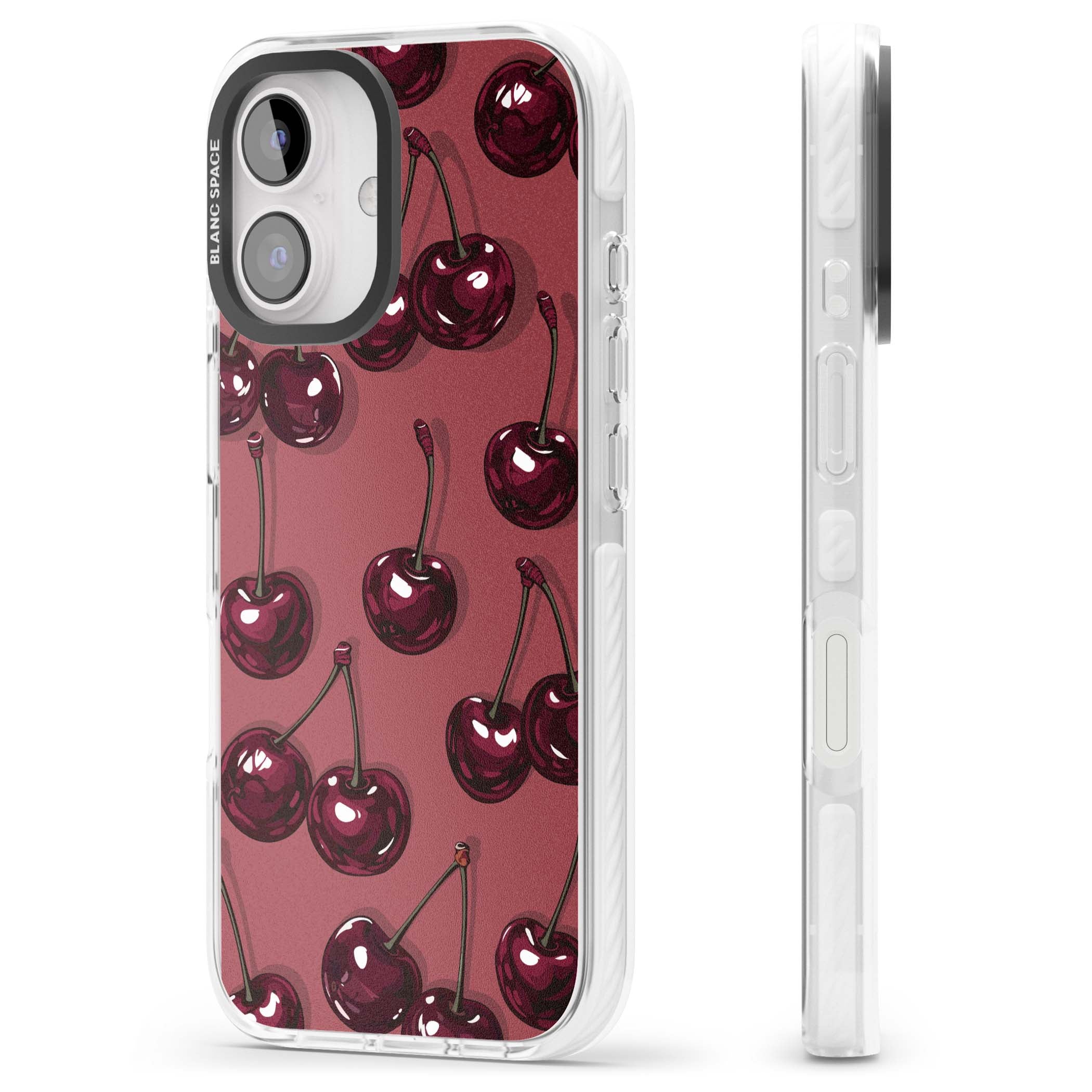 Cherry Rebel coquette iPhone case featuring glossy burgundy cherries on a dusty rose background | Impact Magsafe case for iPhone 16, iPhone 16 Plus