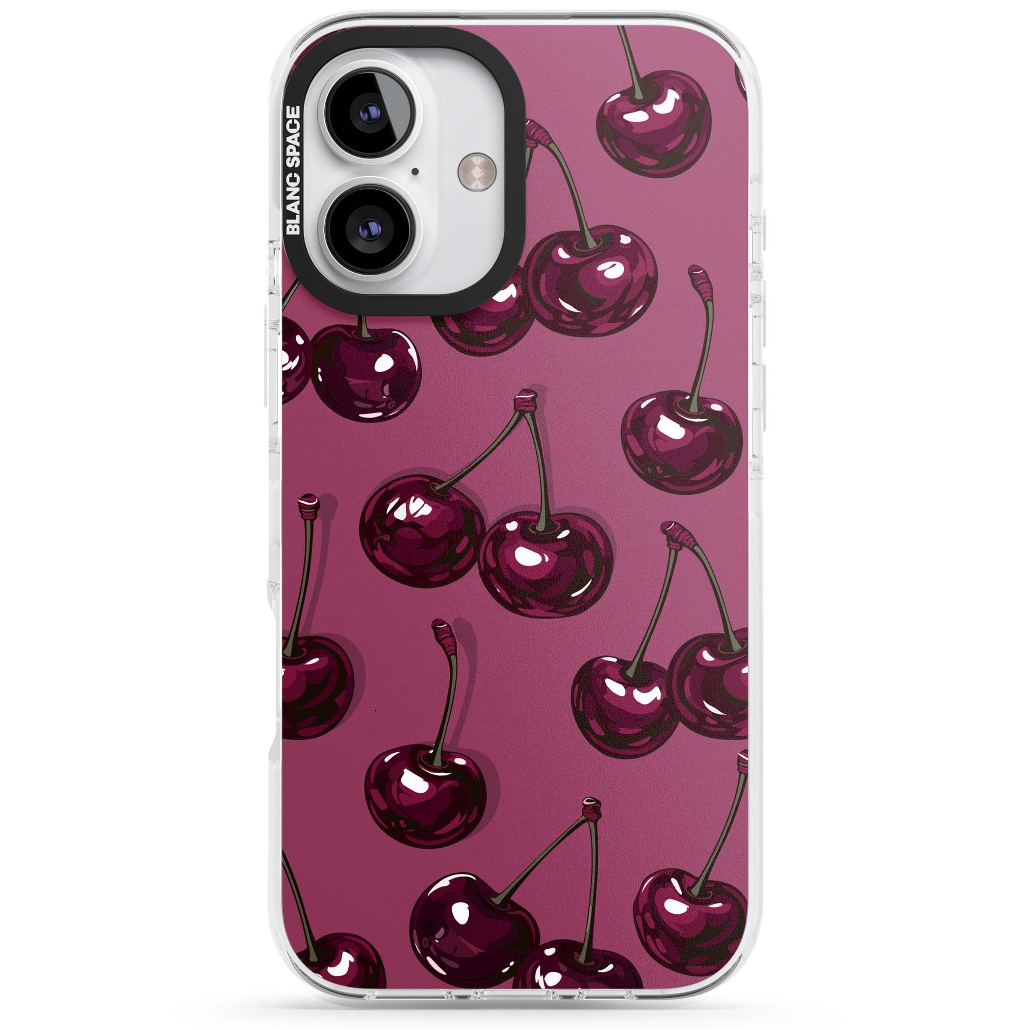 Cherry Soda coquette iPhone case featuring glossy burgundy cherries on a dusty pink background | Impact Magsafe case for iPhone 16, iPhone 16 Plus