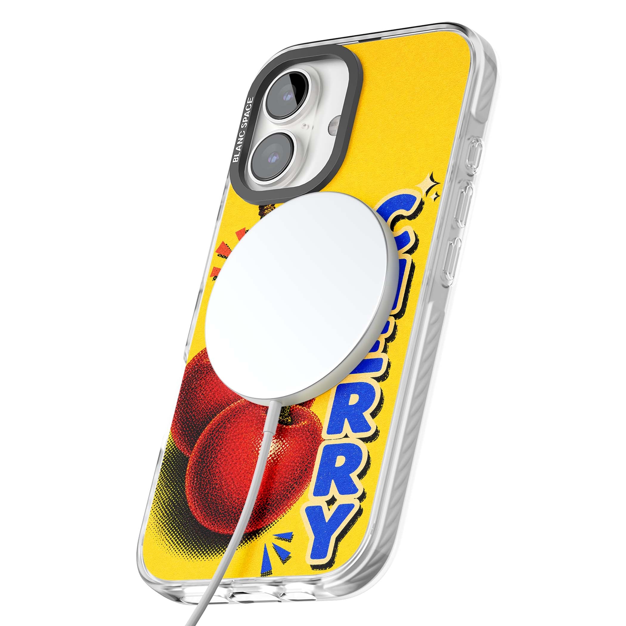 Cherry Yellow y2k iPhone case featuring two red cherries, halftone shading and bold blue CHERRY lettering on yellow | Impact Magsafe case for iPhone 16, iPhone 16 Plus