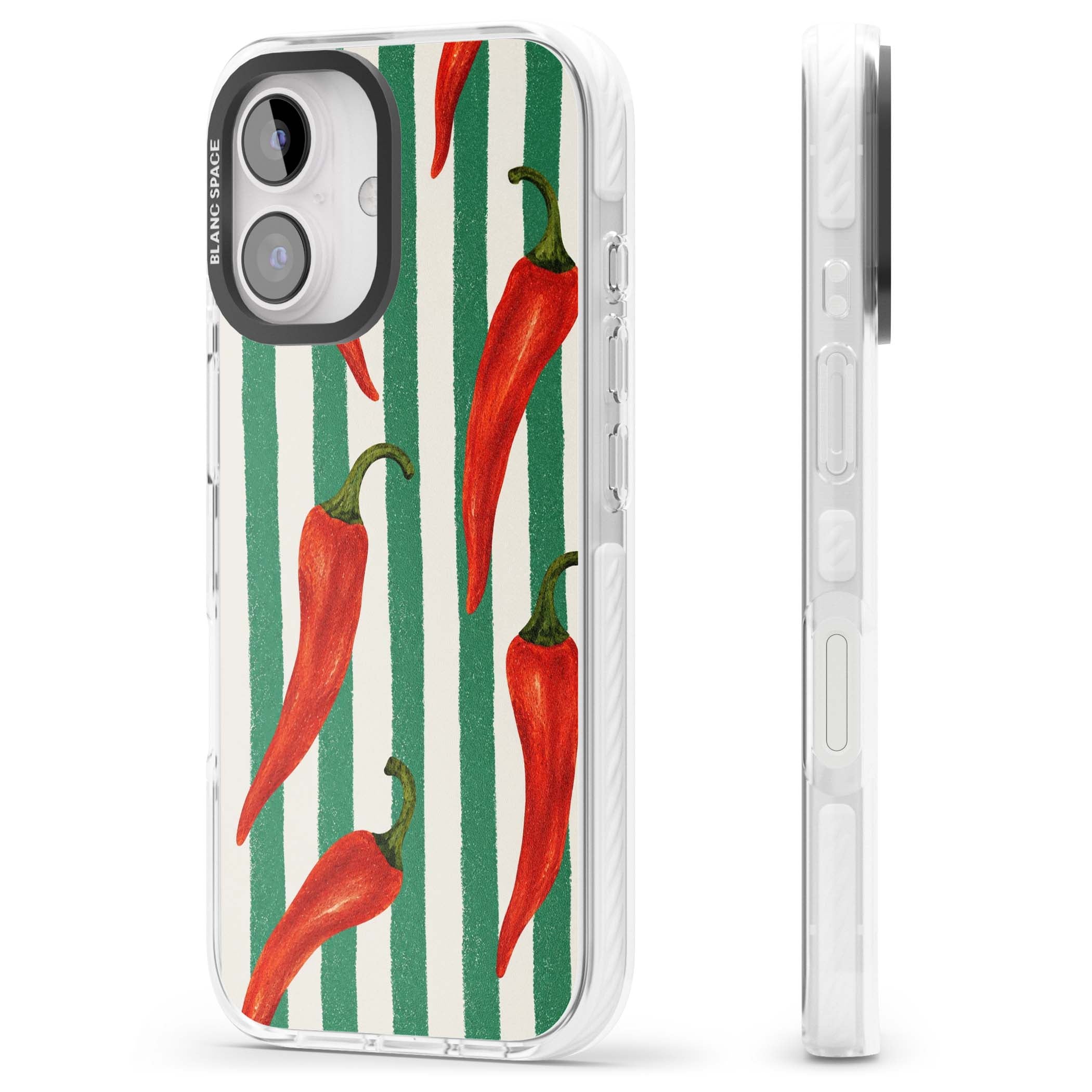 Striped Chillis coastal iPhone case featuring hand-painted red chili peppers on green and cream stripes | Impact Magsafe case for iPhone 16, iPhone 16 Plus