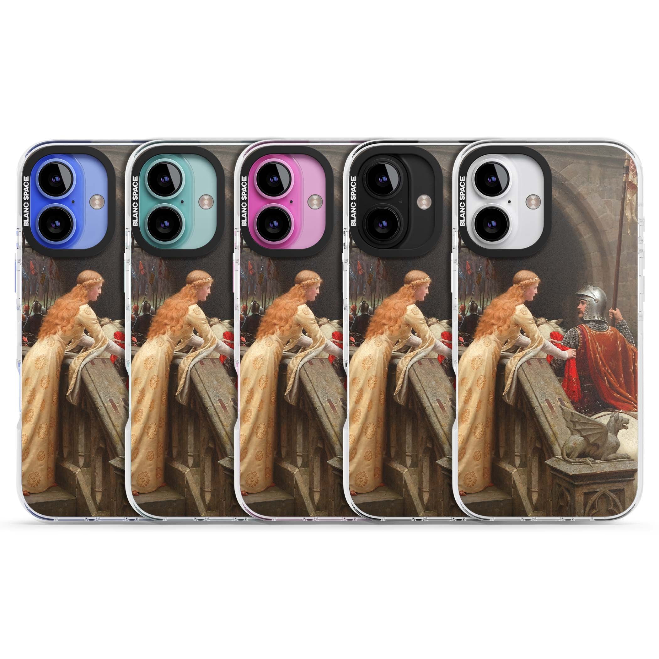 God Speed fine art iPhone case featuring Edmund Blair Leighton's medieval knight and lady beneath a stone archway | Impact Magsafe case for iPhone 16, iPhone 16 Plus