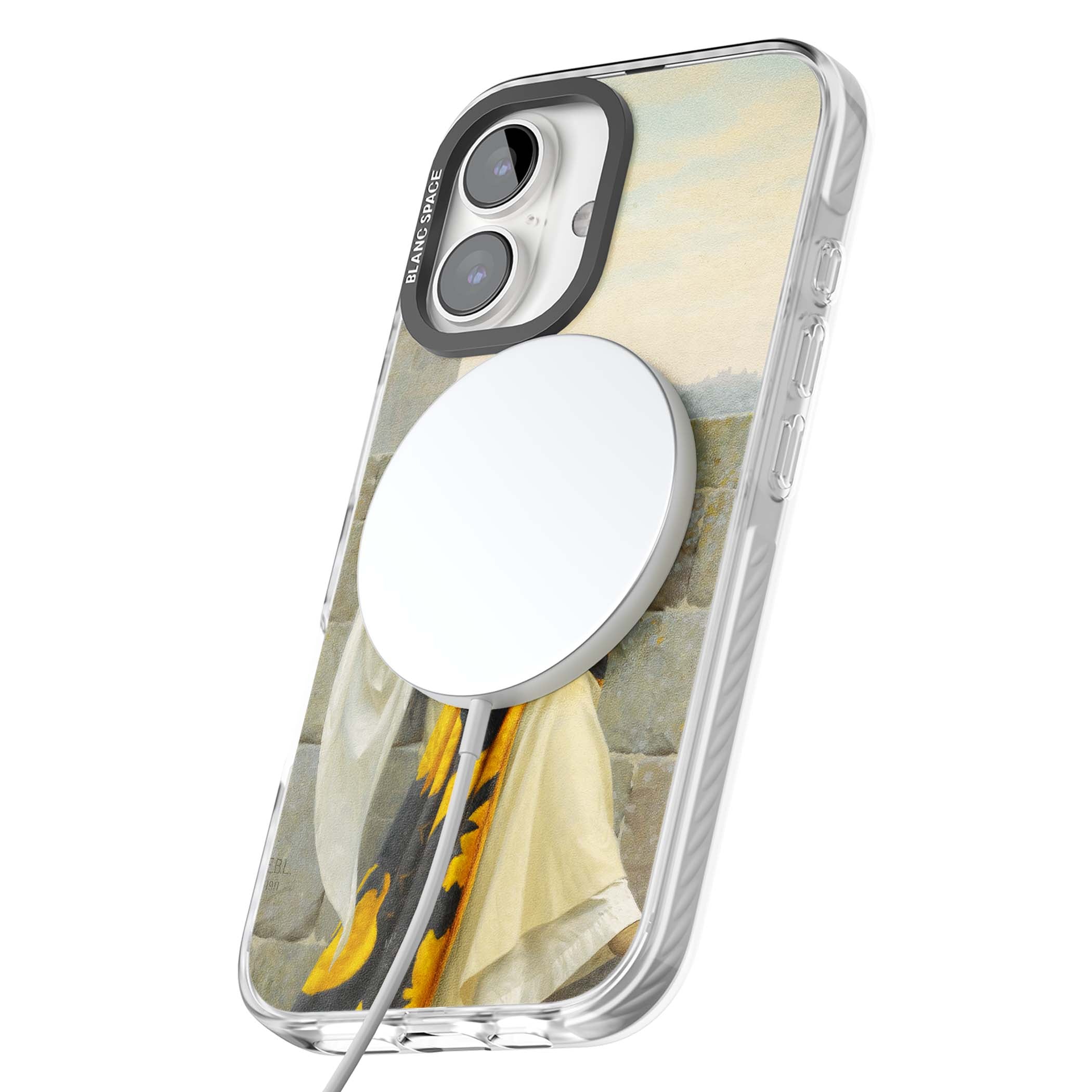 Stitching the Standard renaissance art iPhone case featuring a medieval lady sewing a golden banner on a castle wall | Impact Magsafe case for iPhone 16, iPhone 16 Plus
