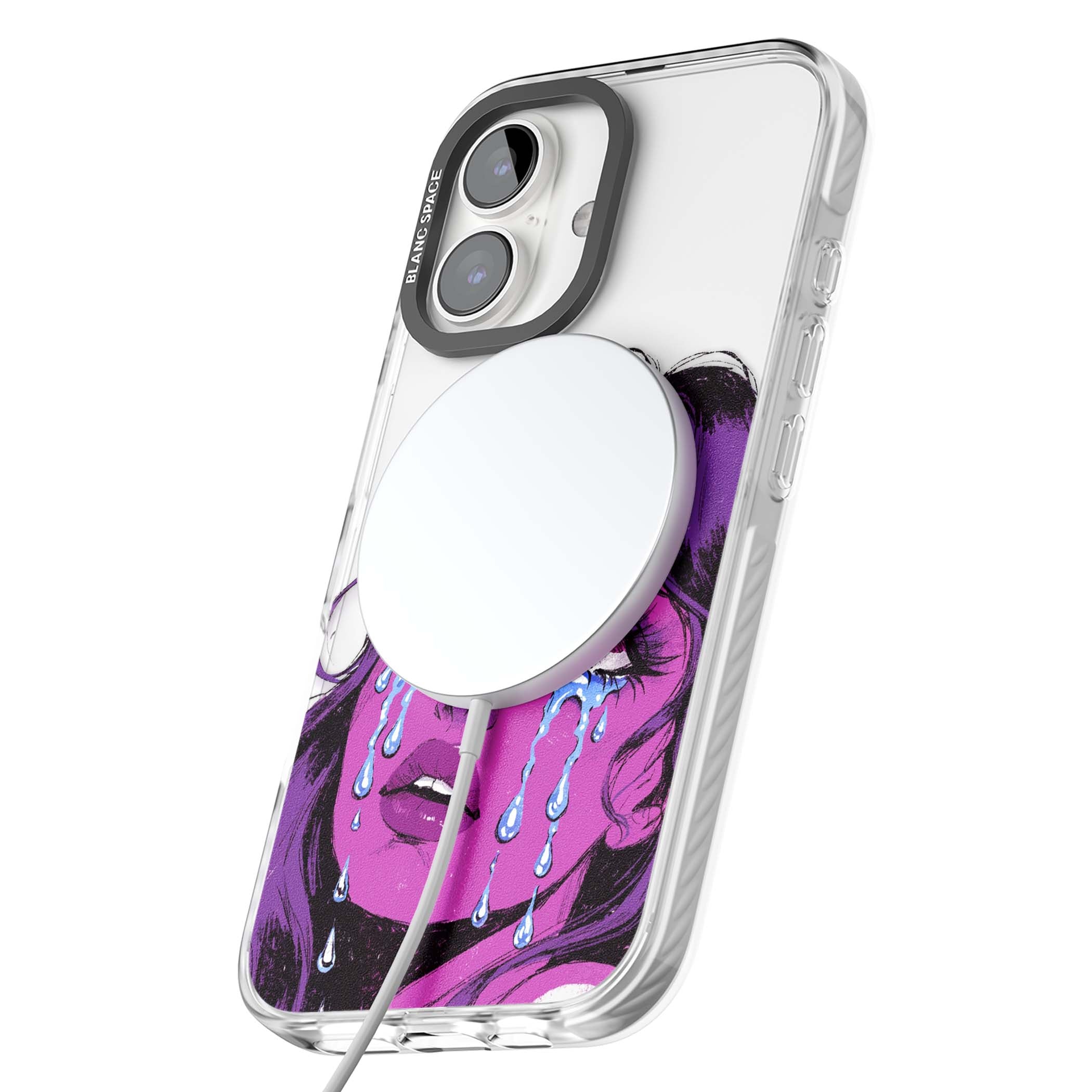 Drama Queen pop art iPhone case featuring a purple crying comic girl with blue tears | Impact Magsafe case for iPhone 16, iPhone 16 Plus