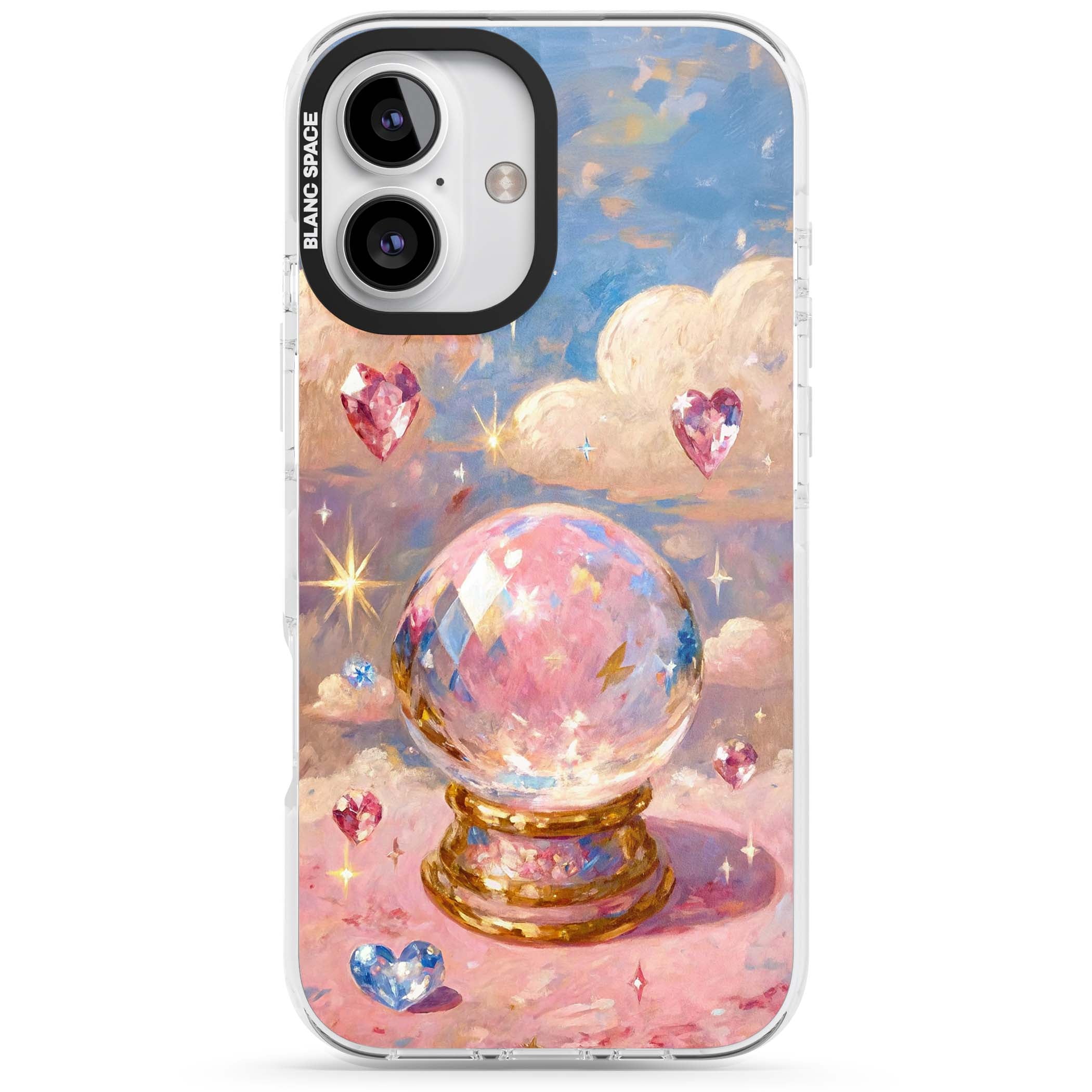 Crystal Ball fairycore iPhone case featuring a painted crystal ball, heart gemstones, and pastel clouds | Impact Magsafe case for iPhone 16, iPhone 16 Plus