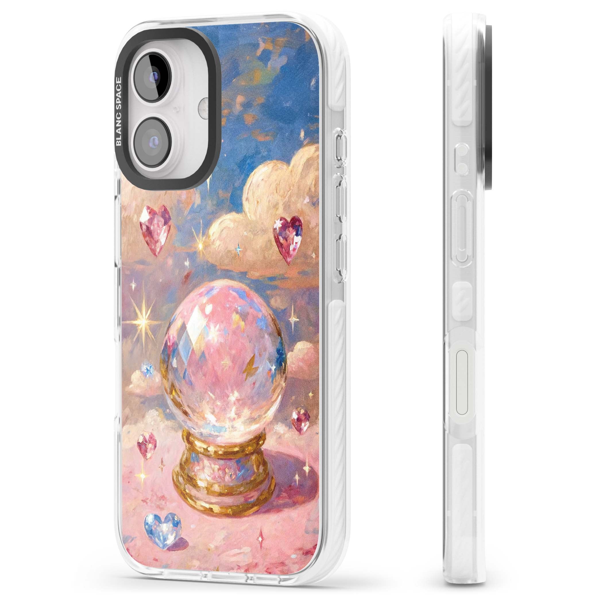 Crystal Ball fairycore iPhone case featuring a painted crystal ball, heart gemstones, and pastel clouds | Impact Magsafe case for iPhone 16, iPhone 16 Plus