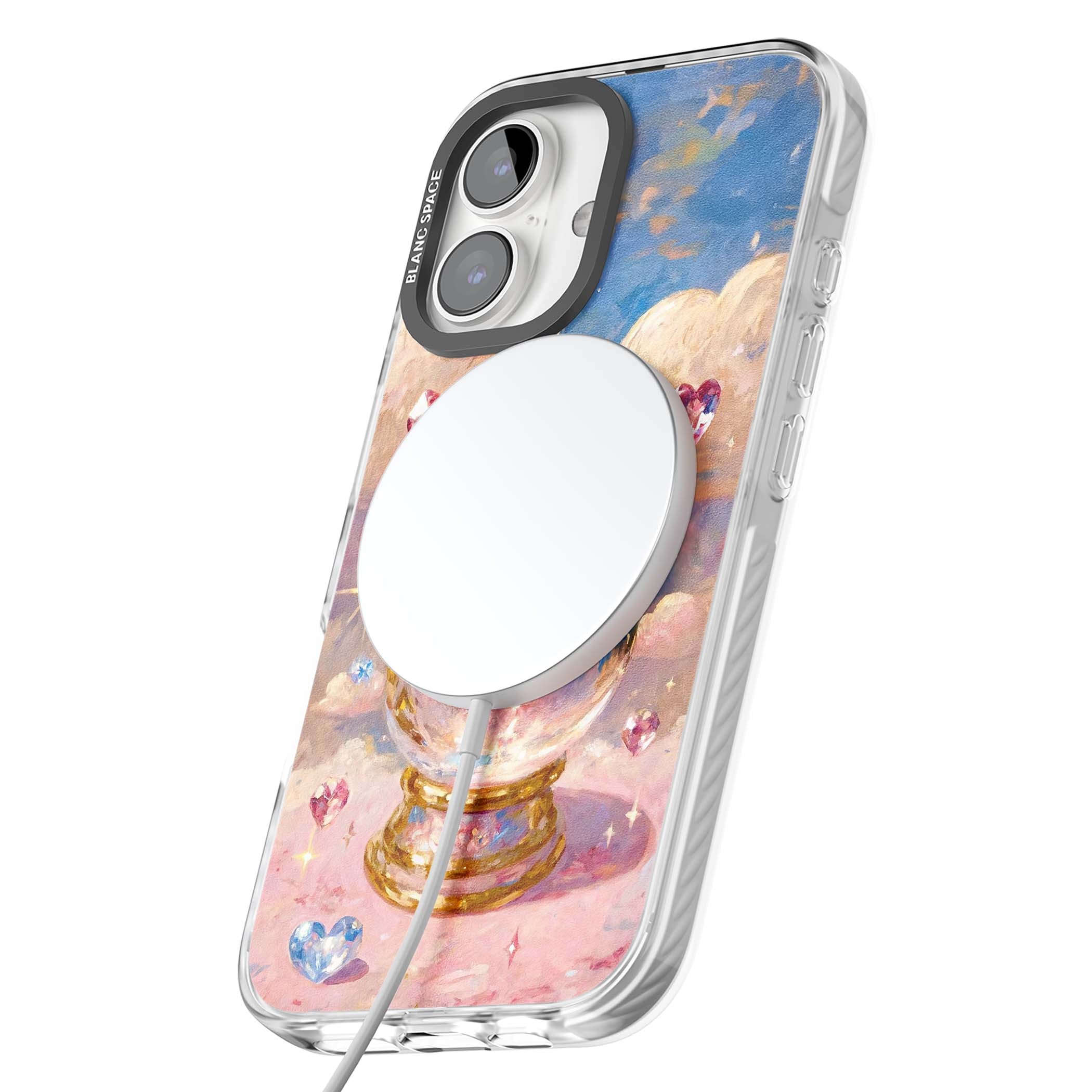 Crystal Ball fairycore iPhone case featuring a painted crystal ball, heart gemstones, and pastel clouds | Impact Magsafe case for iPhone 16, iPhone 16 Plus