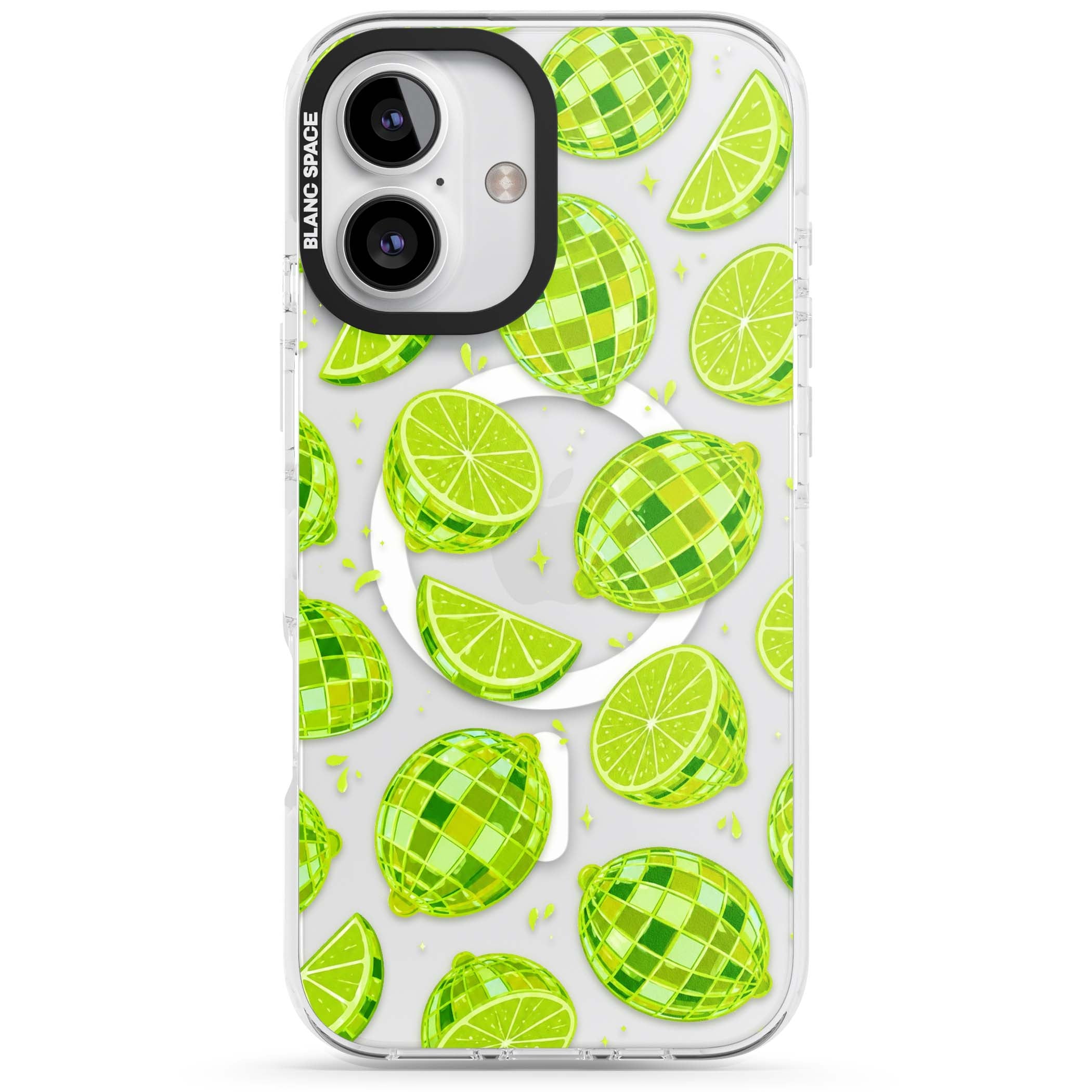 Disco Limes fruit aesthetic iPhone case featuring green disco balls, lime slices and citrus sparkles | Impact Magsafe case for iPhone 16, iPhone 16 Plus