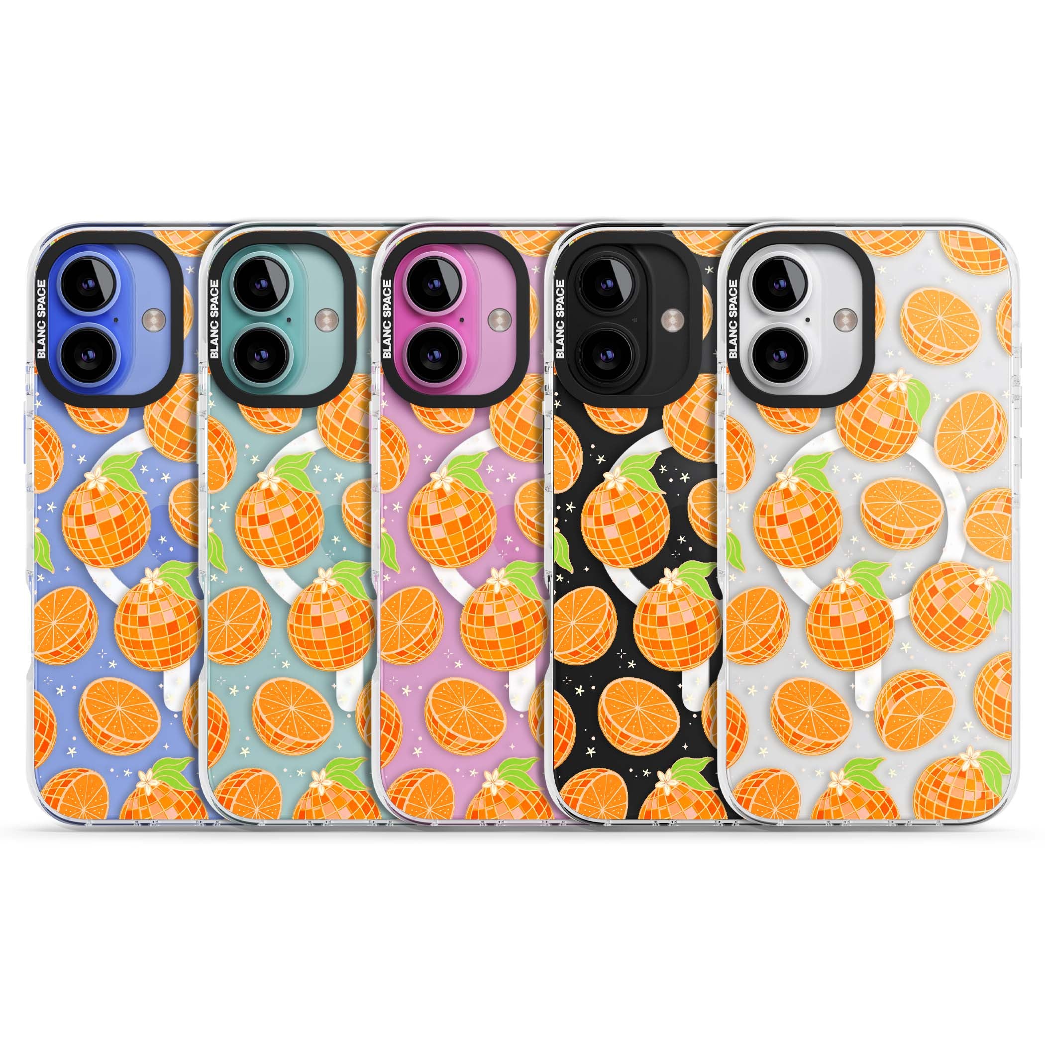 Disco Oranges retro iPhone case featuring mirrorball oranges, citrus slices and tiny blossoms on clear | Impact Magsafe case for iPhone 16, iPhone 16 Plus