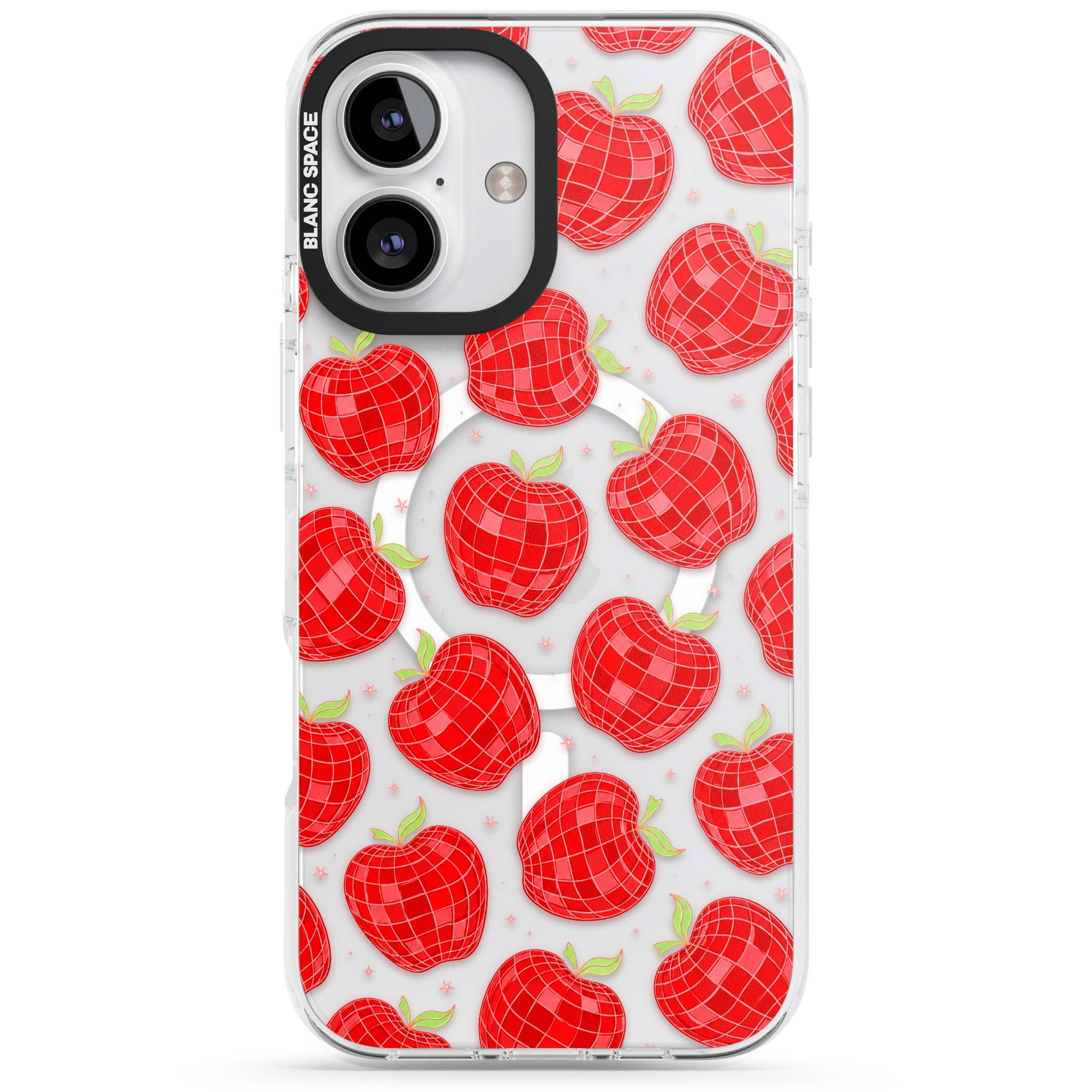 Disco Apples Y2K iPhone case featuring red disco ball apples, green leaves and pink sparkles on clear | Impact Magsafe case for iPhone 16, iPhone 16 Plus