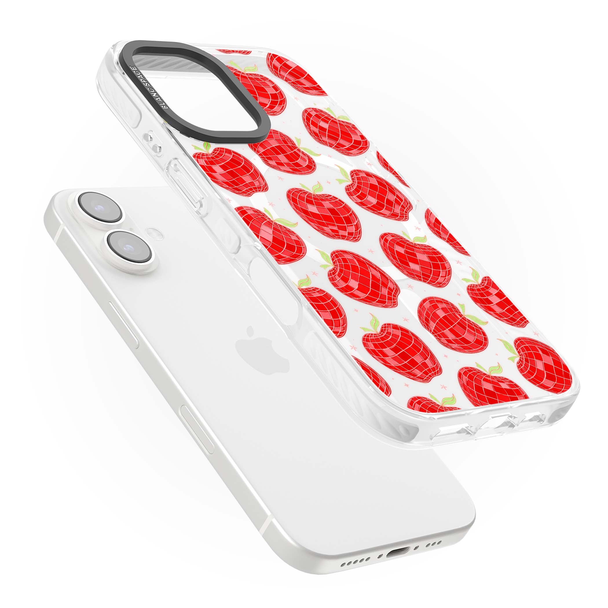Disco Apples Y2K iPhone case featuring red disco ball apples, green leaves and pink sparkles on clear | Impact Magsafe case for iPhone 16, iPhone 16 Plus