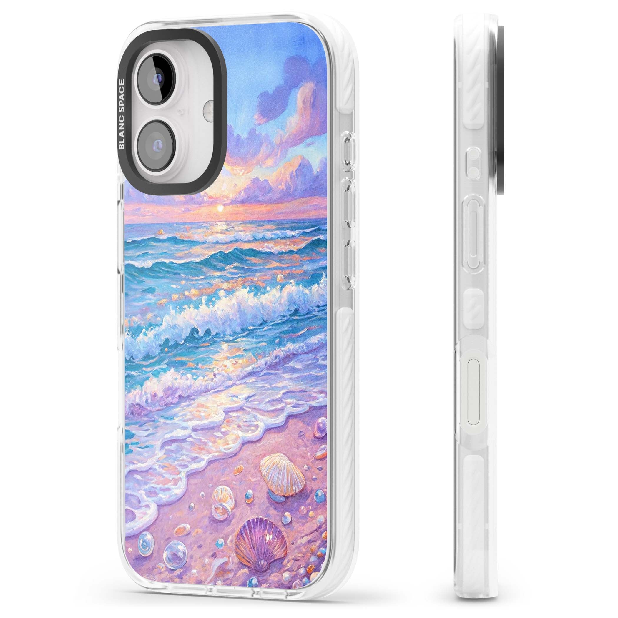 Pearl Shore coastal iPhone case featuring pastel painted waves, seashells, and a sunrise sky over a lavender beach. | Impact Magsafe case for iPhone 16, iPhone 16 Plus