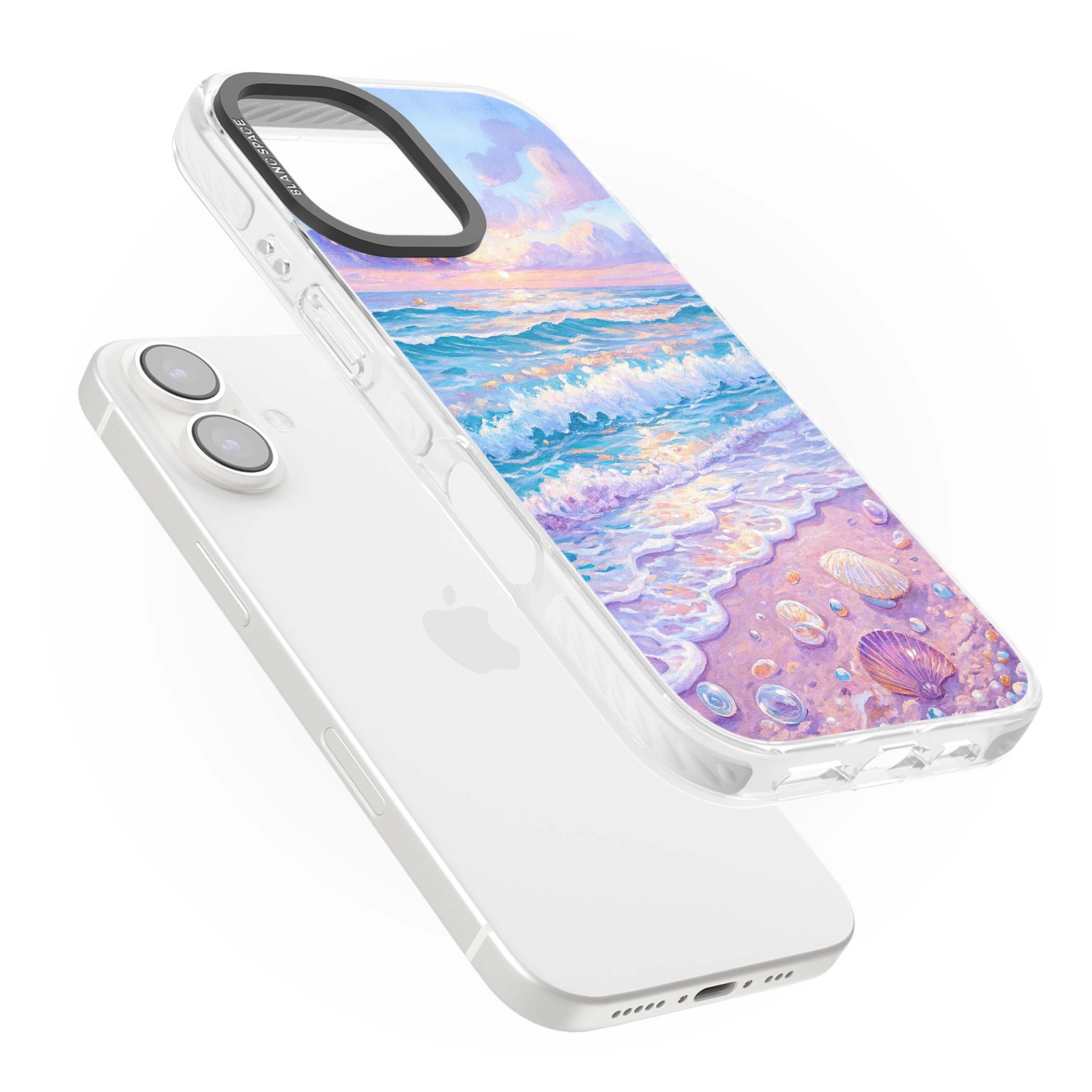 Pearl Shore coastal iPhone case featuring pastel painted waves, seashells, and a sunrise sky over a lavender beach. | Impact Magsafe case for iPhone 16, iPhone 16 Plus