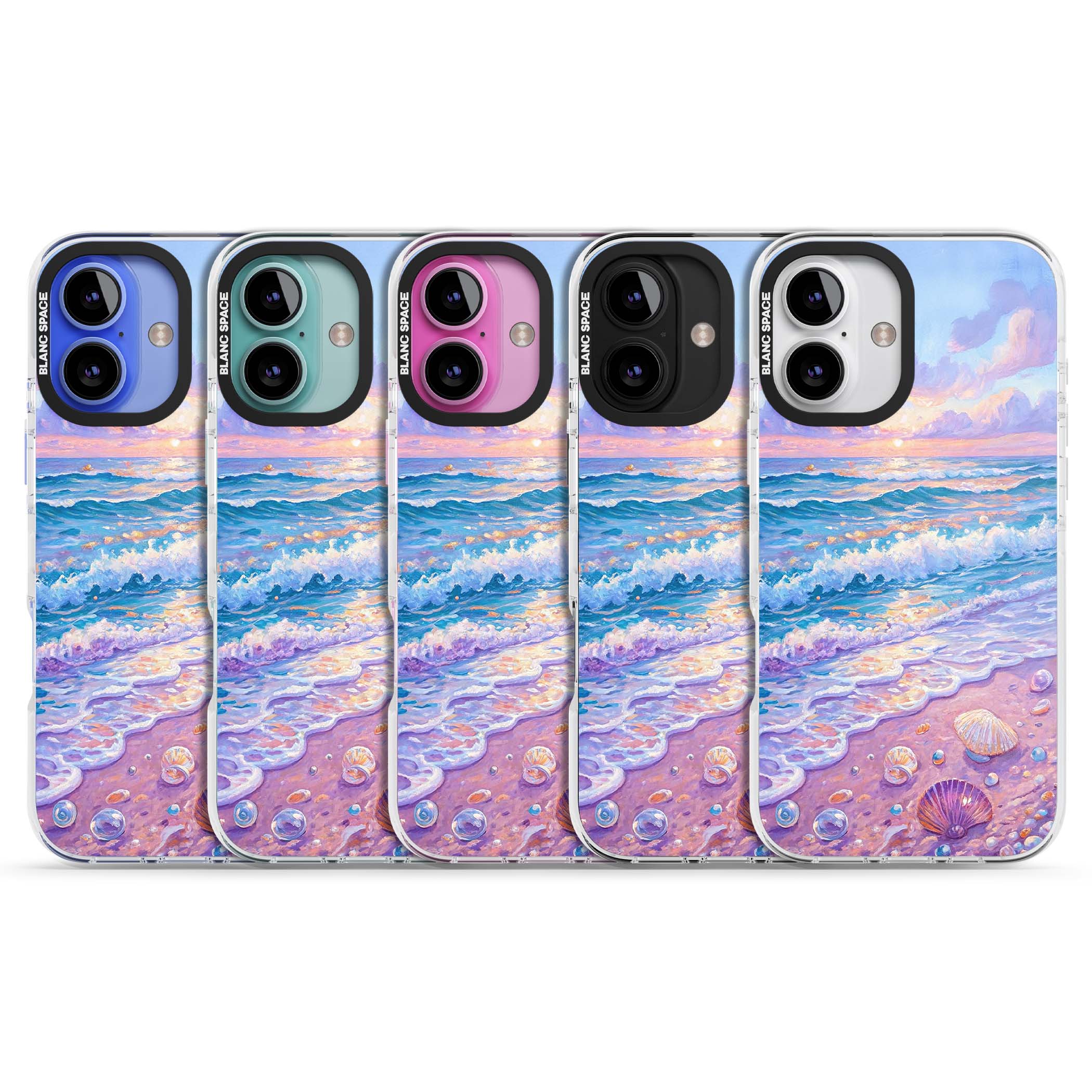 Pearl Shore coastal iPhone case featuring pastel painted waves, seashells, and a sunrise sky over a lavender beach. | Impact Magsafe case for iPhone 16, iPhone 16 Plus
