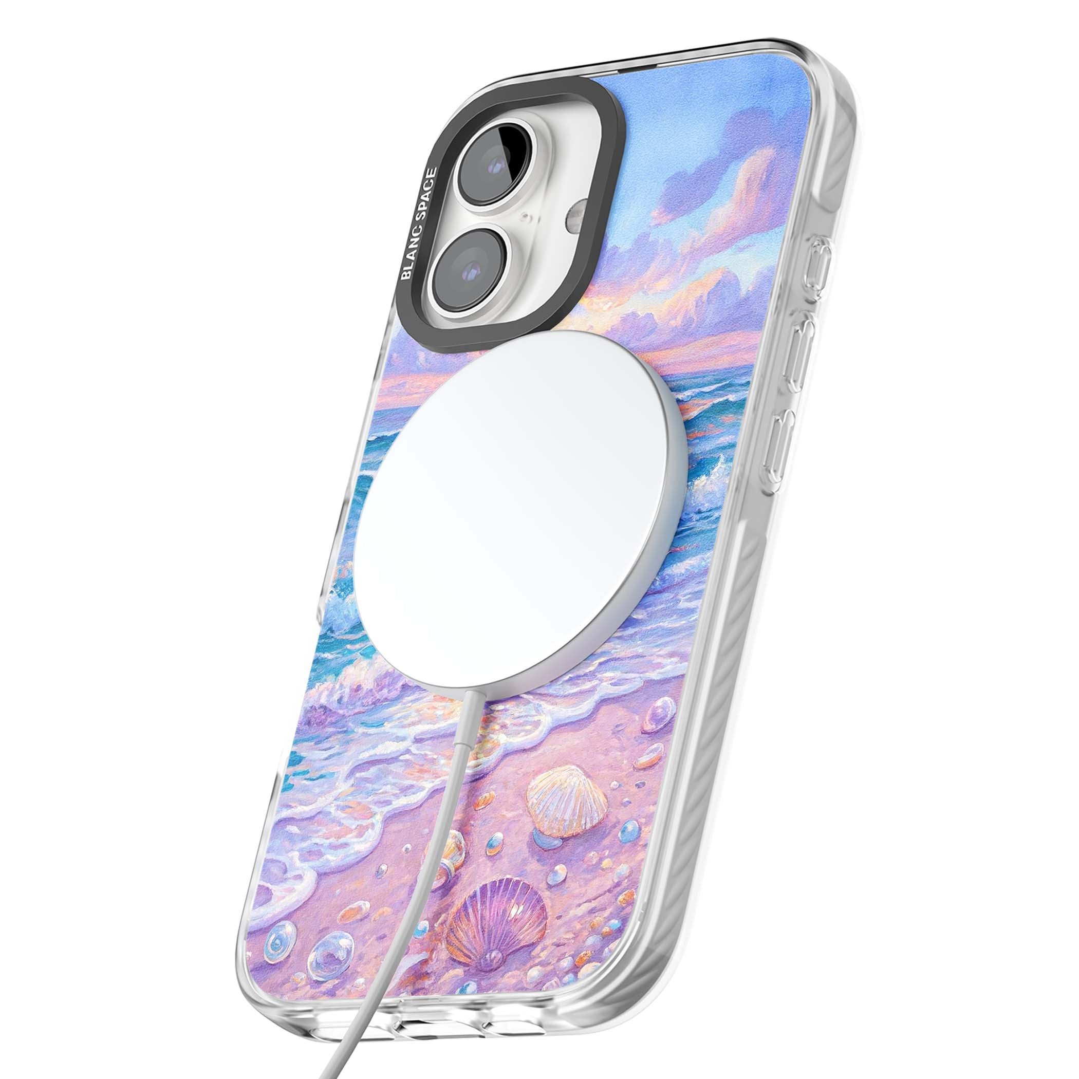 Pearl Shore coastal iPhone case featuring pastel painted waves, seashells, and a sunrise sky over a lavender beach. | Impact Magsafe case for iPhone 16, iPhone 16 Plus